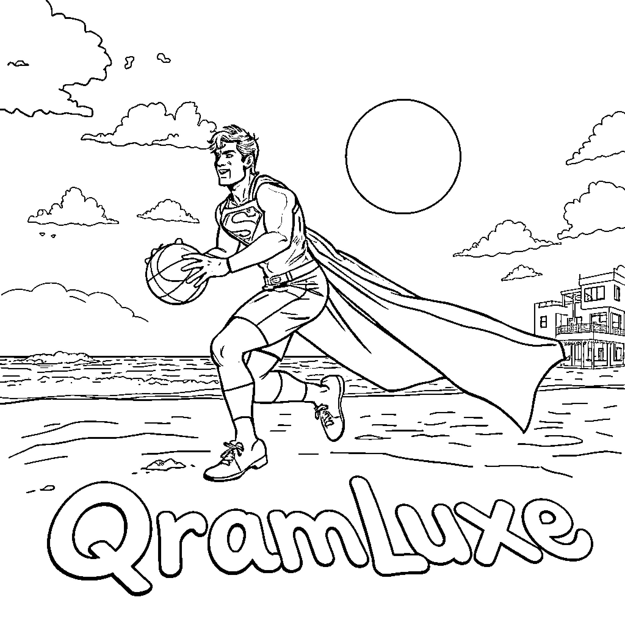 Superman flying with a basketball on a beach Coloring Page (free black-and-white line drawing printable PDF for all, from beginners to advanced learners, including children, teens, adults, and seniors)