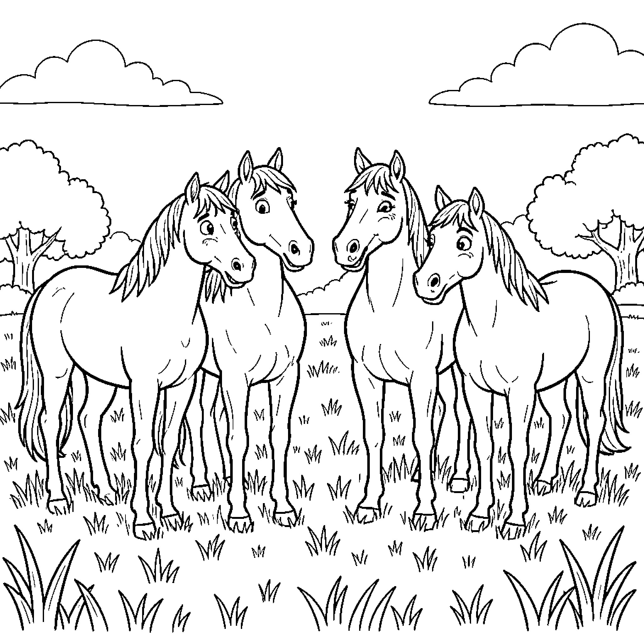 Horse group standing together in a grassy field Coloring Page (free black-and-white line drawing printable PDF for all, from beginners to advanced learners, including children, teens, adults, and seniors)