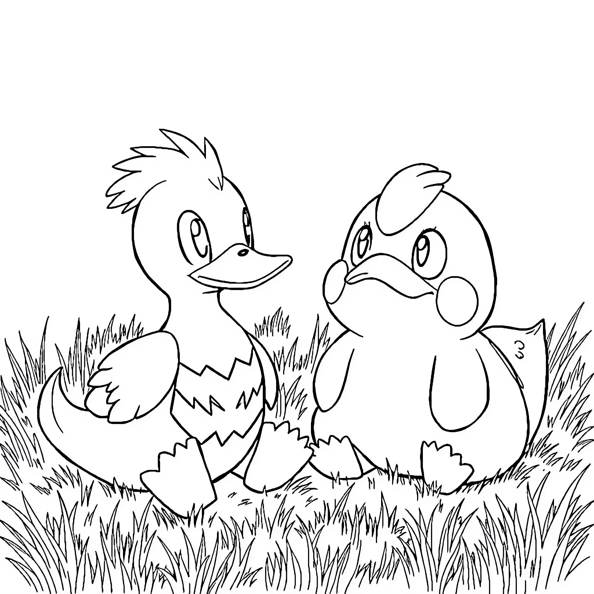 Psyduck and friend in grassy field Coloring Page (free black-and-white line drawing printable PDF for all, from beginners to advanced learners, including children, teens, adults, and seniors)