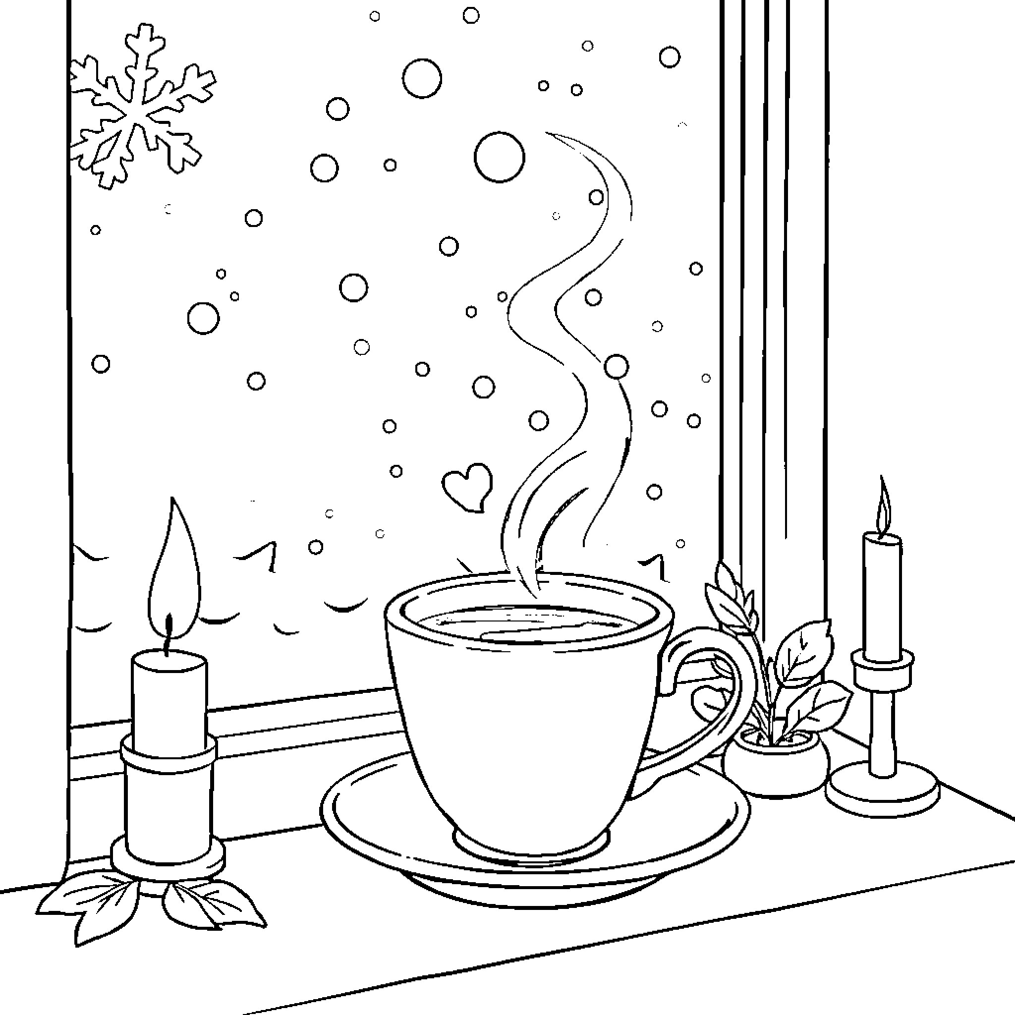 Cup of Cozy Winter Drink Coloring Page (free black-and-white line drawing printable PDF for all, from beginners to advanced learners, including children, teens, adults, and seniors)
