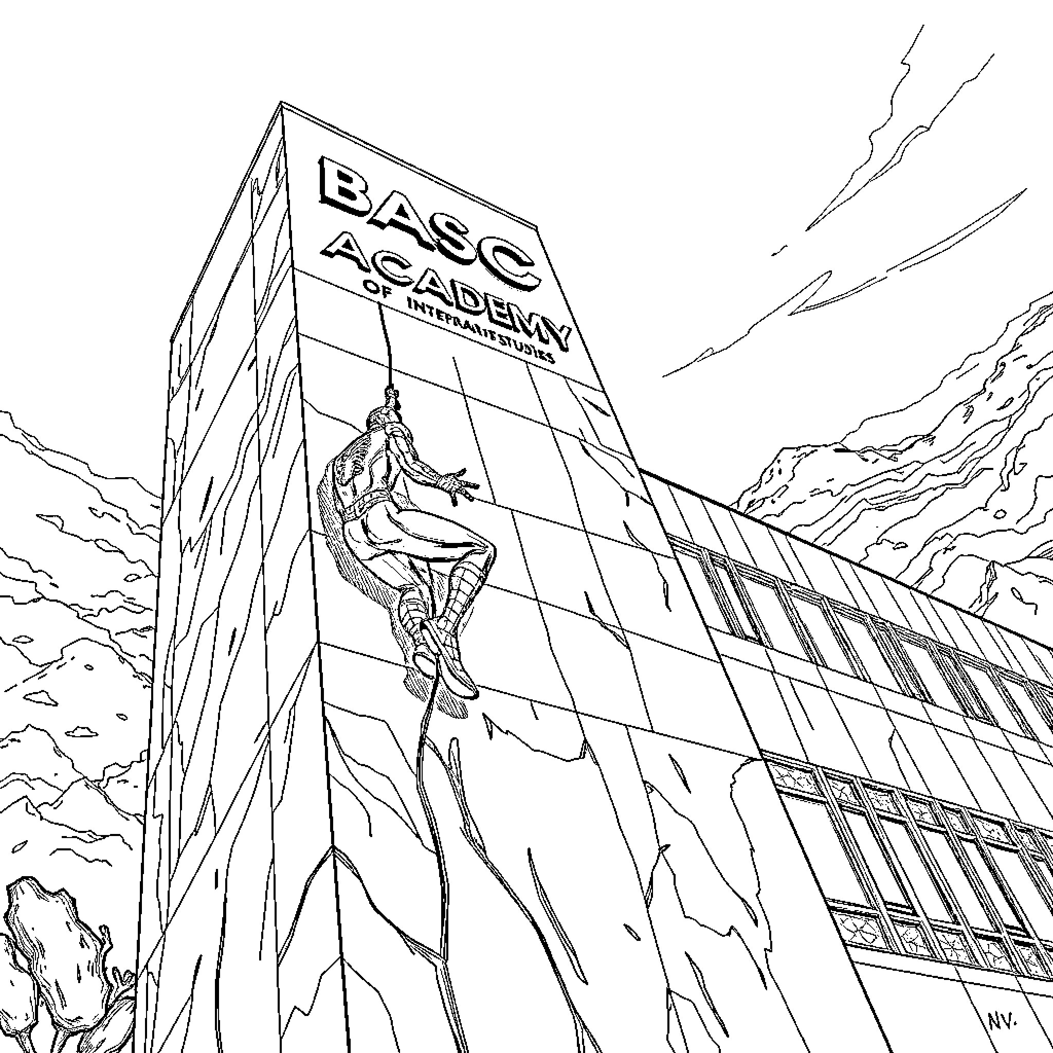 Spiderman scaling the BASQ Academy building Coloring Page (free black-and-white line drawing printable PDF for all, from beginners to advanced learners, including children, teens, adults, and seniors)