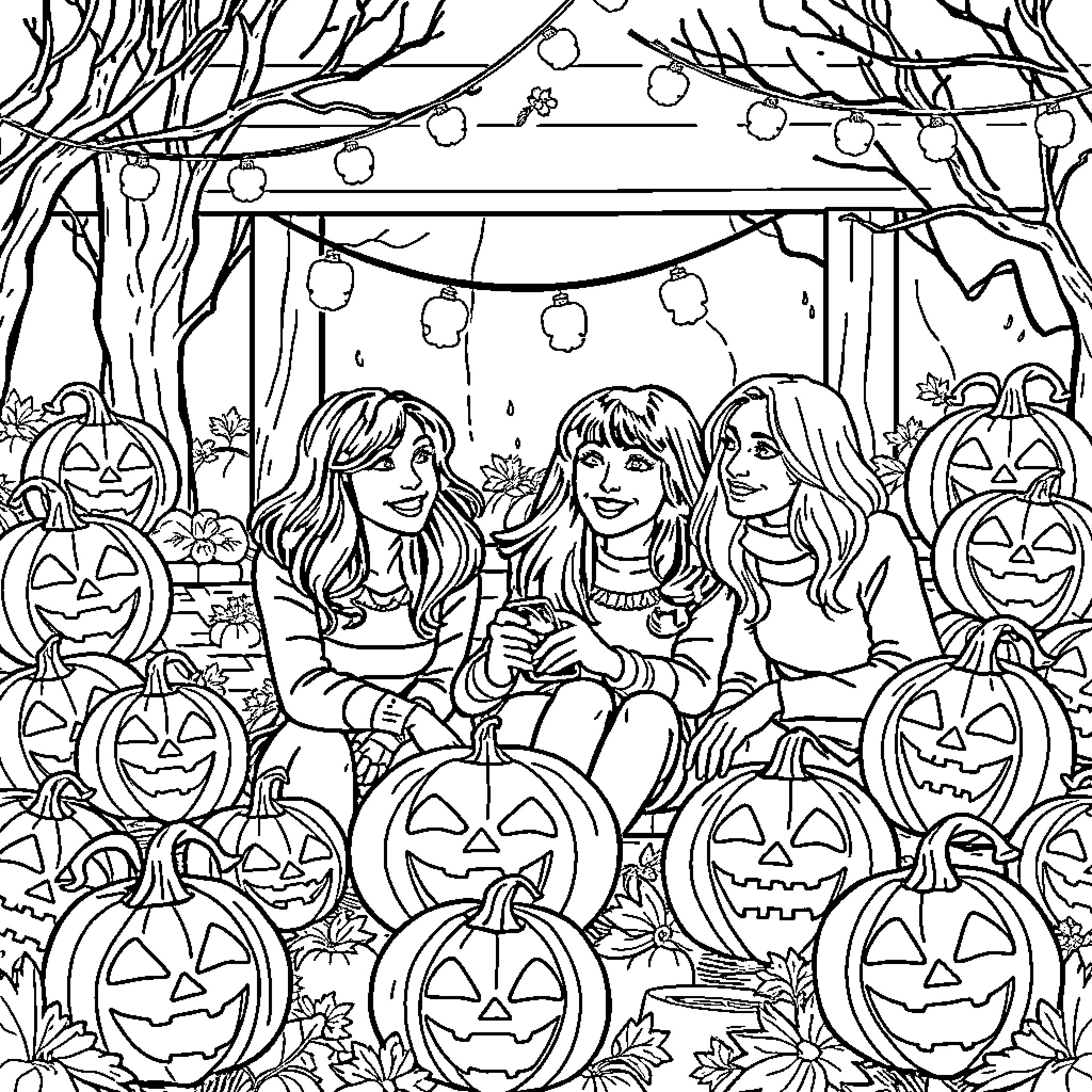 Gilmore Girls' Halloween Festivities Coloring Page (free black-and-white line drawing printable PDF for all, from beginners to advanced learners, including children, teens, adults, and seniors)