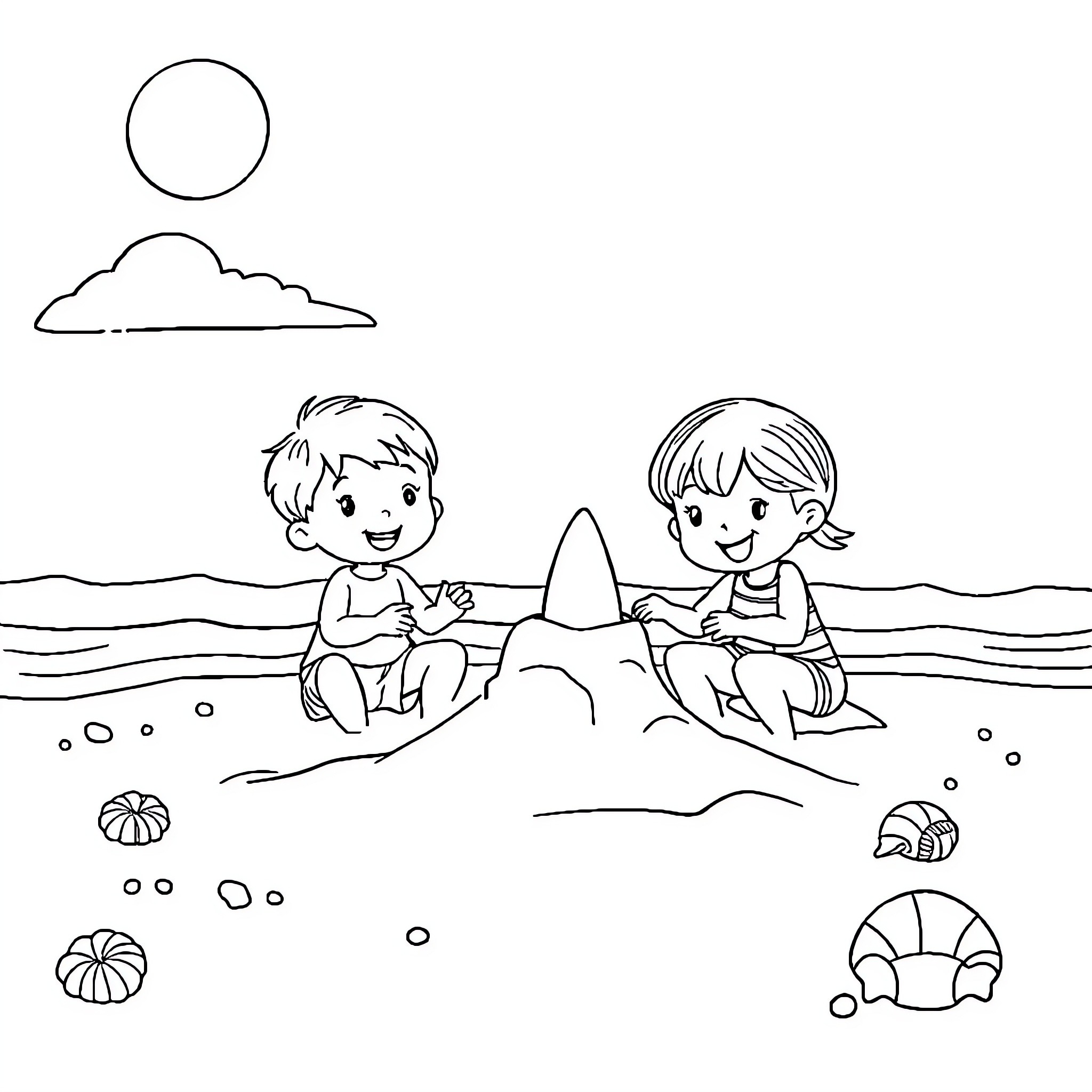 Child building sandcastle at the beach Coloring Page (free black-and-white line drawing printable PDF for all, from beginners to advanced learners, including children, teens, adults, and seniors)