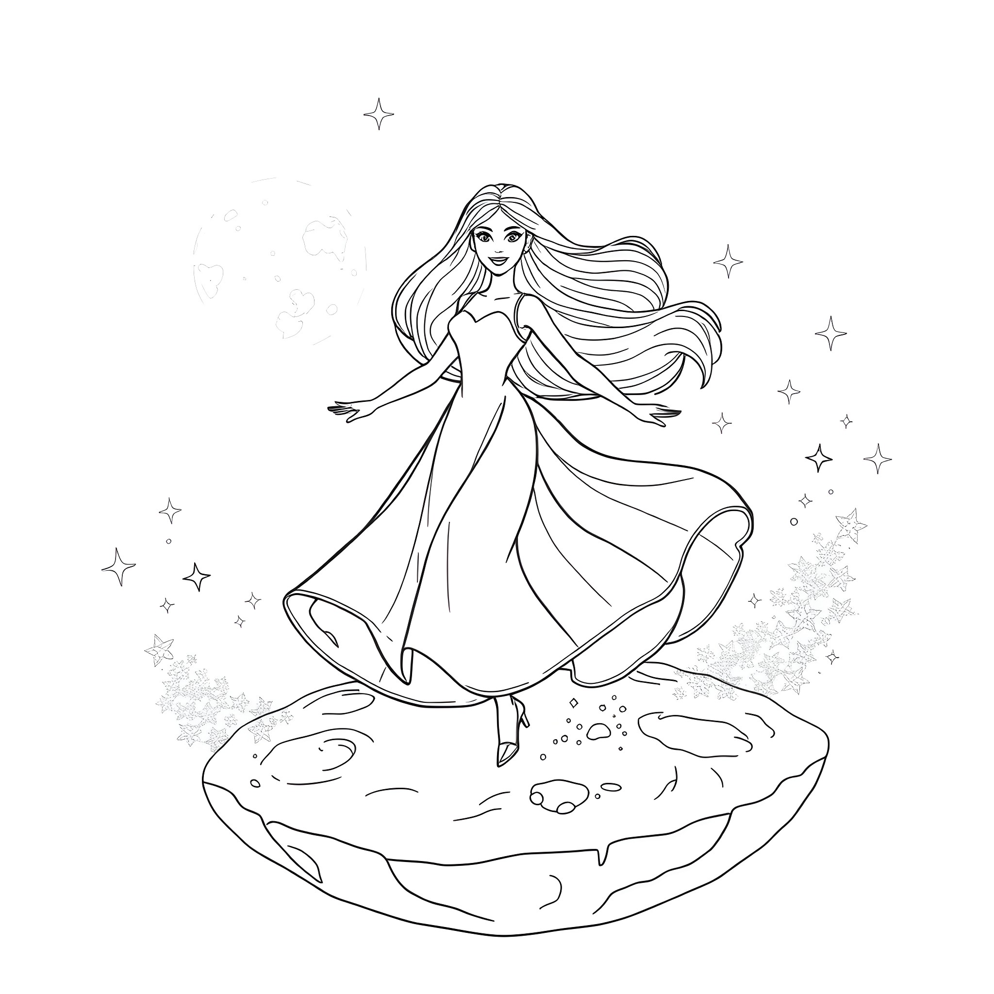Barbie in a Magical Dress Dancing Among the Stars Coloring Page (free black-and-white line drawing printable PDF for all, from beginners to advanced learners, including children, teens, adults, and seniors)