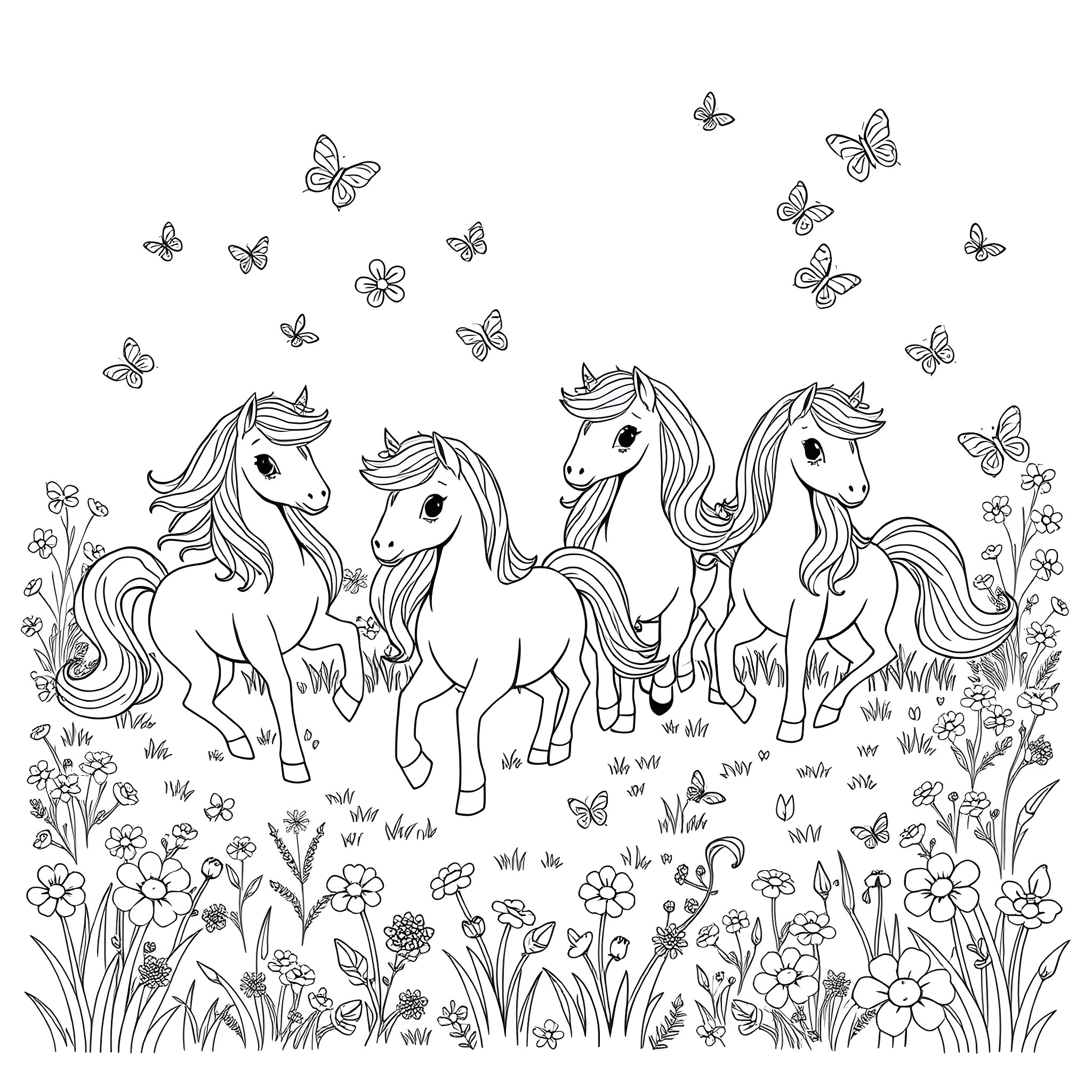 Pony friends frolicking in the meadow with butterflies Coloring Page (free black-and-white line drawing printable PDF for all, from beginners to advanced learners, including children, teens, adults, and seniors)