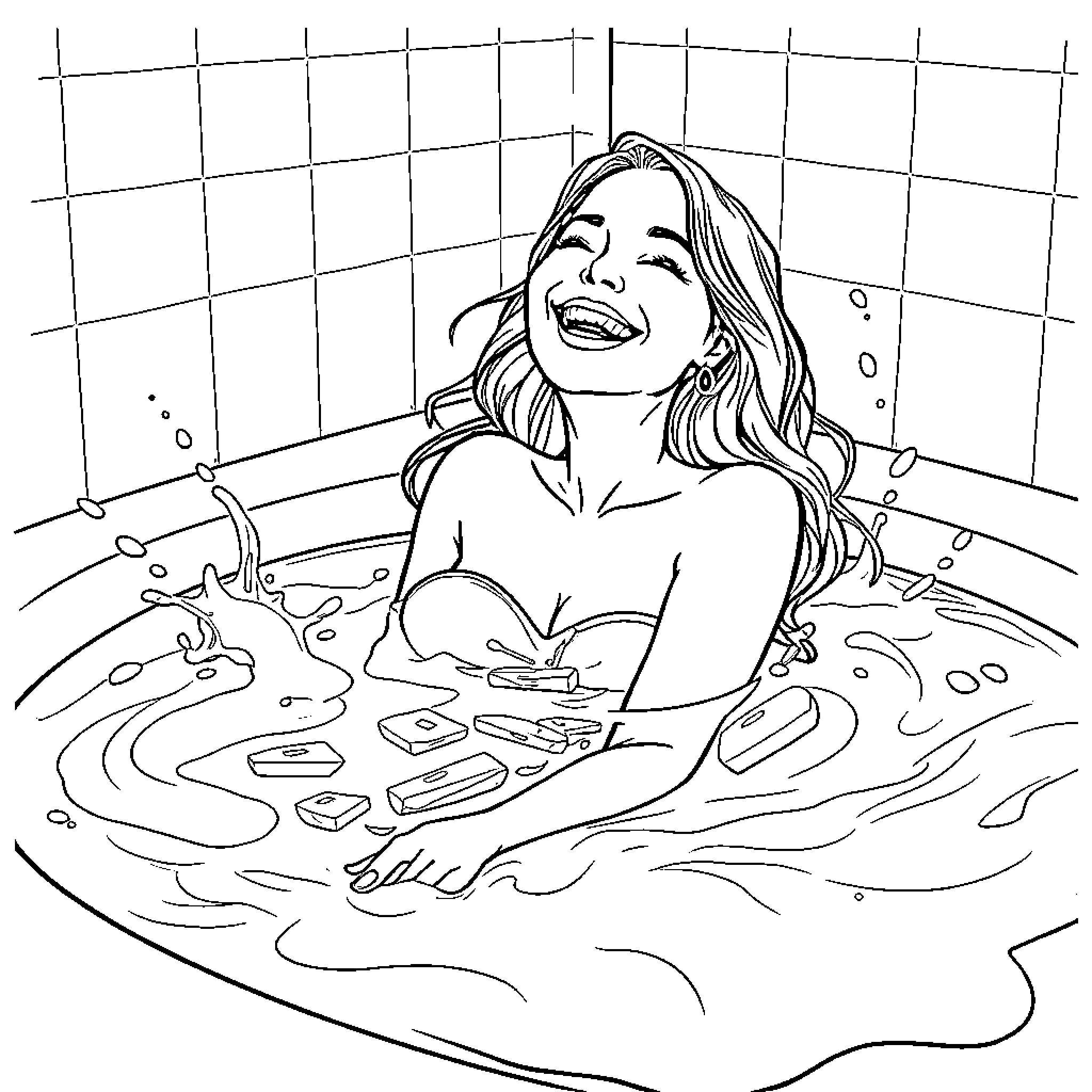 Woman relaxing in a bubble bath Coloring Page (free black-and-white line drawing printable PDF for all, from beginners to advanced learners, including children, teens, adults, and seniors)