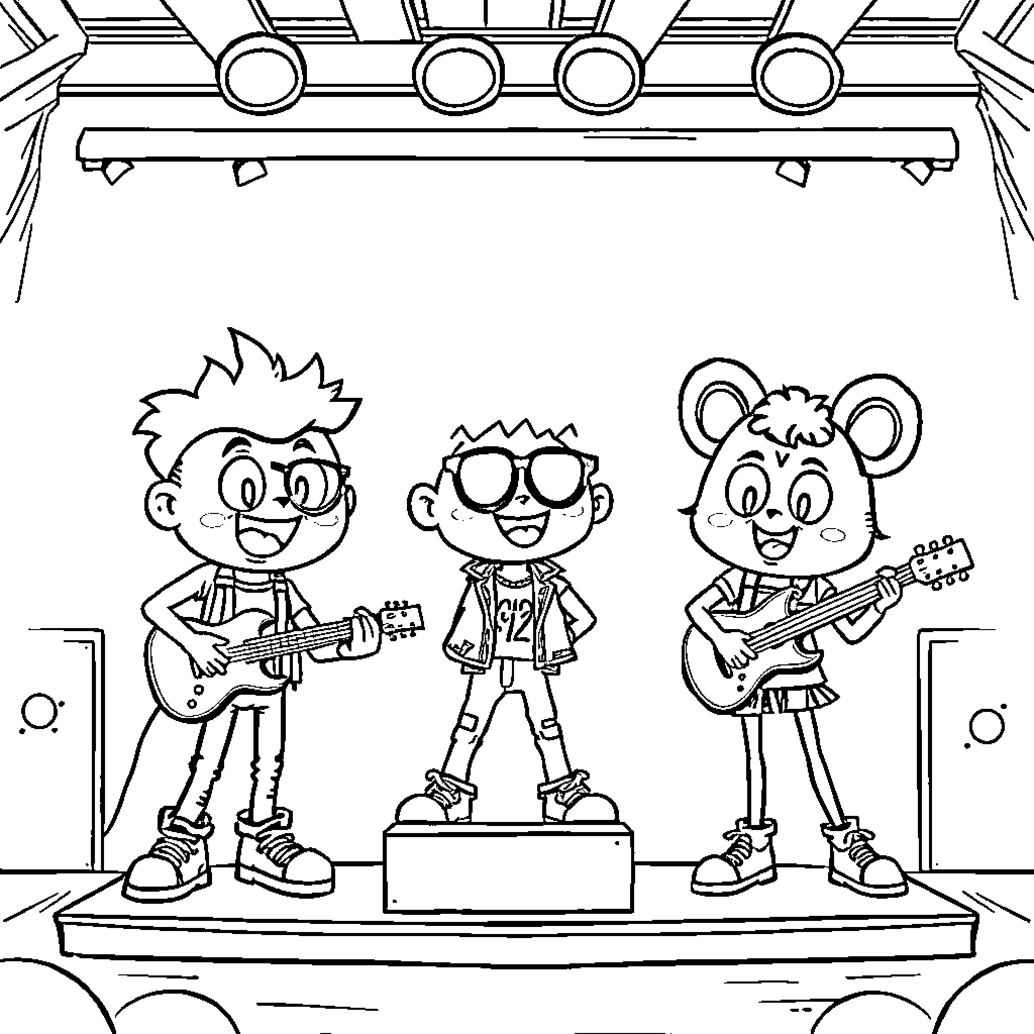 Bluey and friends on stage performing music Coloring Page (free black-and-white line drawing printable PDF for all, from beginners to advanced learners, including children, teens, adults, and seniors)