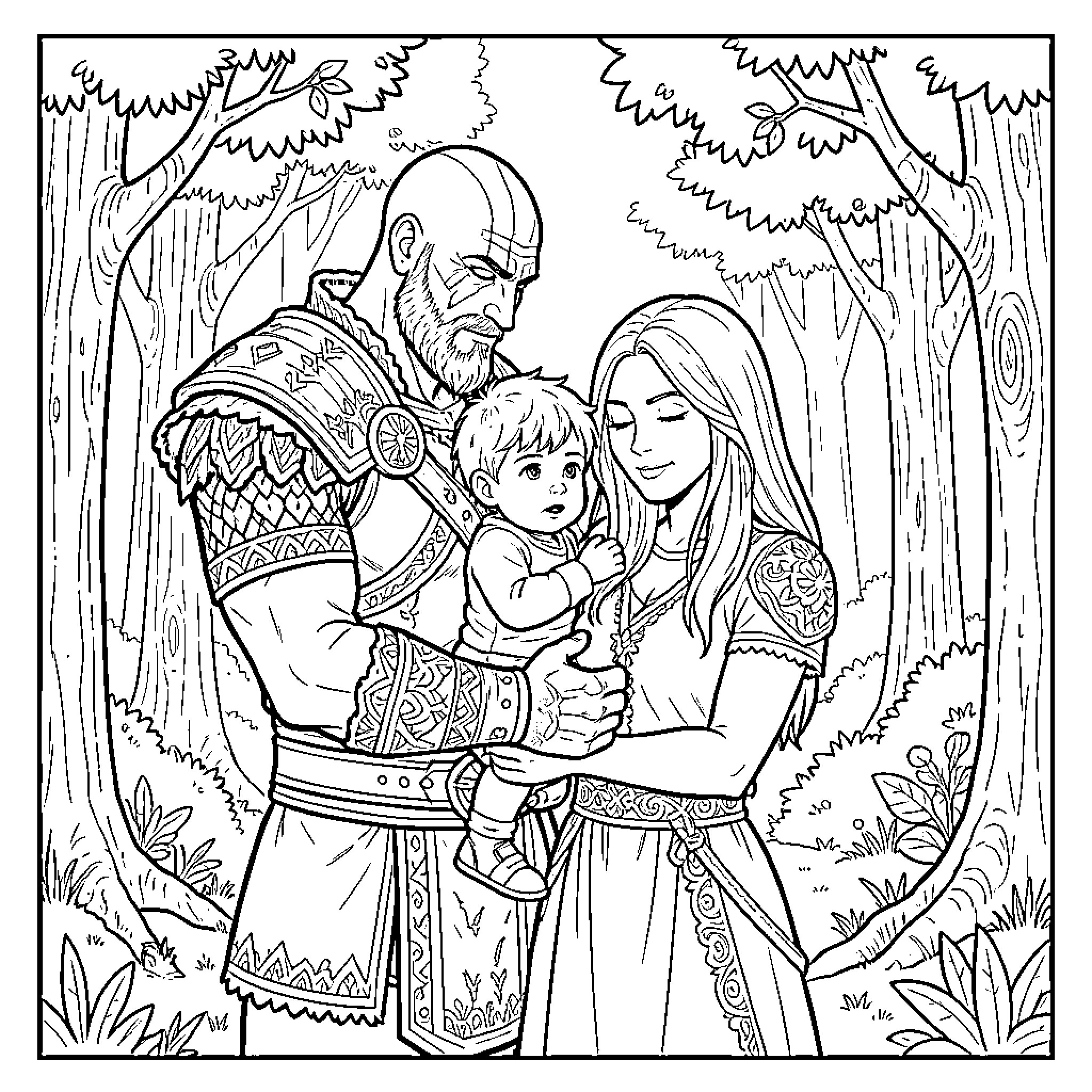 Kratos and family in a peaceful forest scene Coloring Page (free black-and-white line drawing printable PDF for all, from beginners to advanced learners, including children, teens, adults, and seniors)