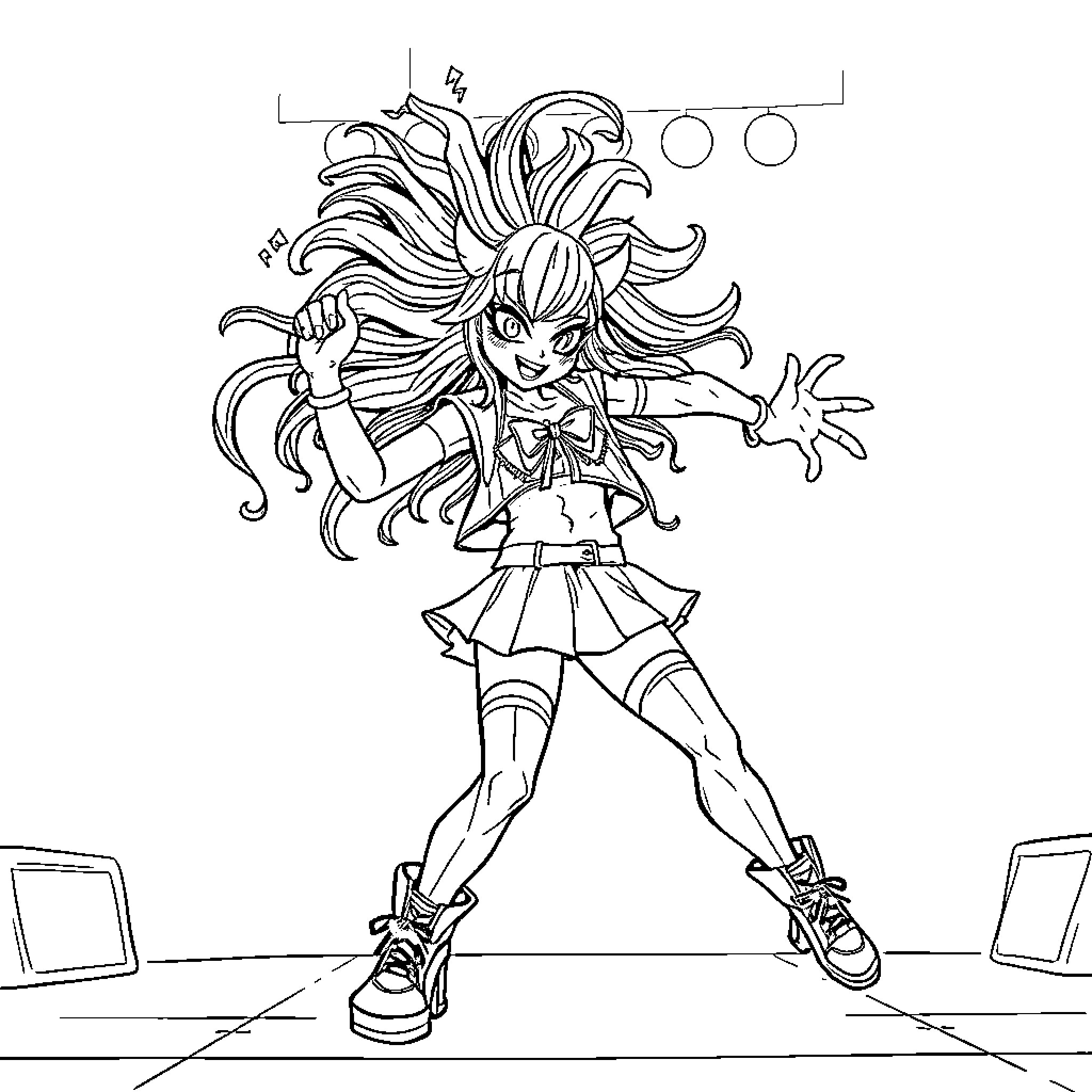 Mira's Energetic Performance on Stage Coloring Page (free black-and-white line drawing printable PDF for all, from beginners to advanced learners, including children, teens, adults, and seniors)