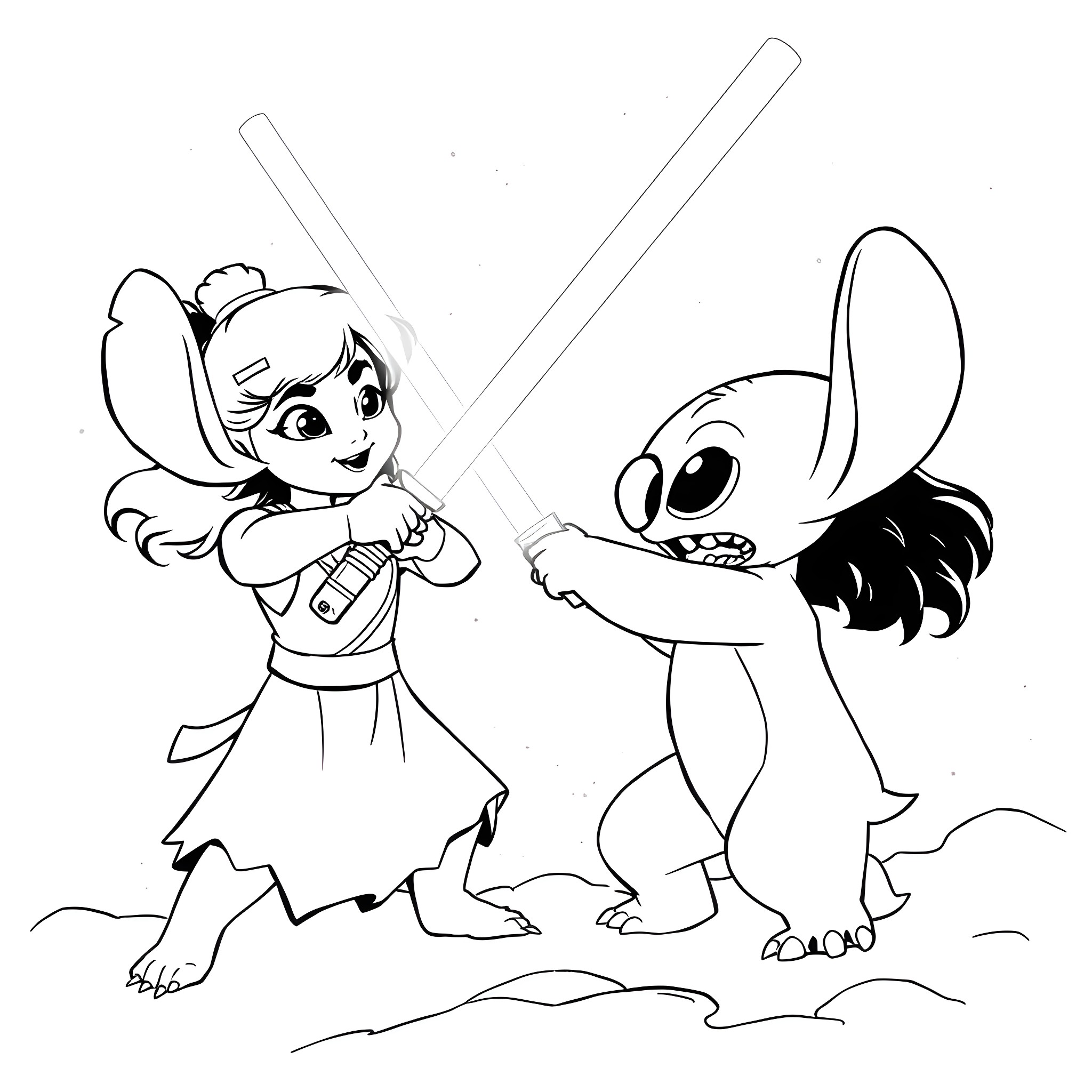 Lilo's Playful Lightsaber Duel with Stitch Coloring Page (free black-and-white line drawing printable PDF for all, from beginners to advanced learners, including children, teens, adults, and seniors)
