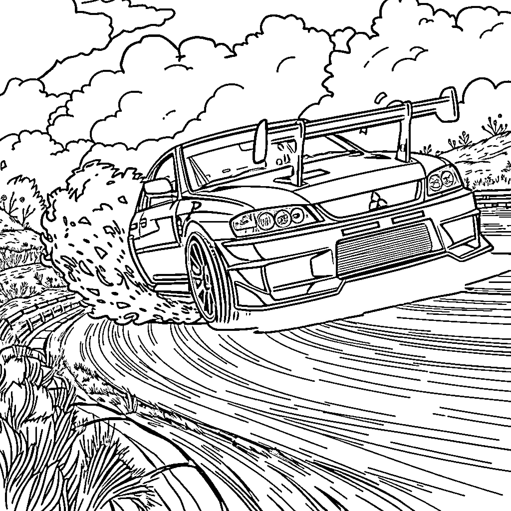 Mitsubishi Sports Car Racing Through Winding Road Coloring Page (free black-and-white line drawing printable PDF for all, from beginners to advanced learners, including children, teens, adults, and seniors)