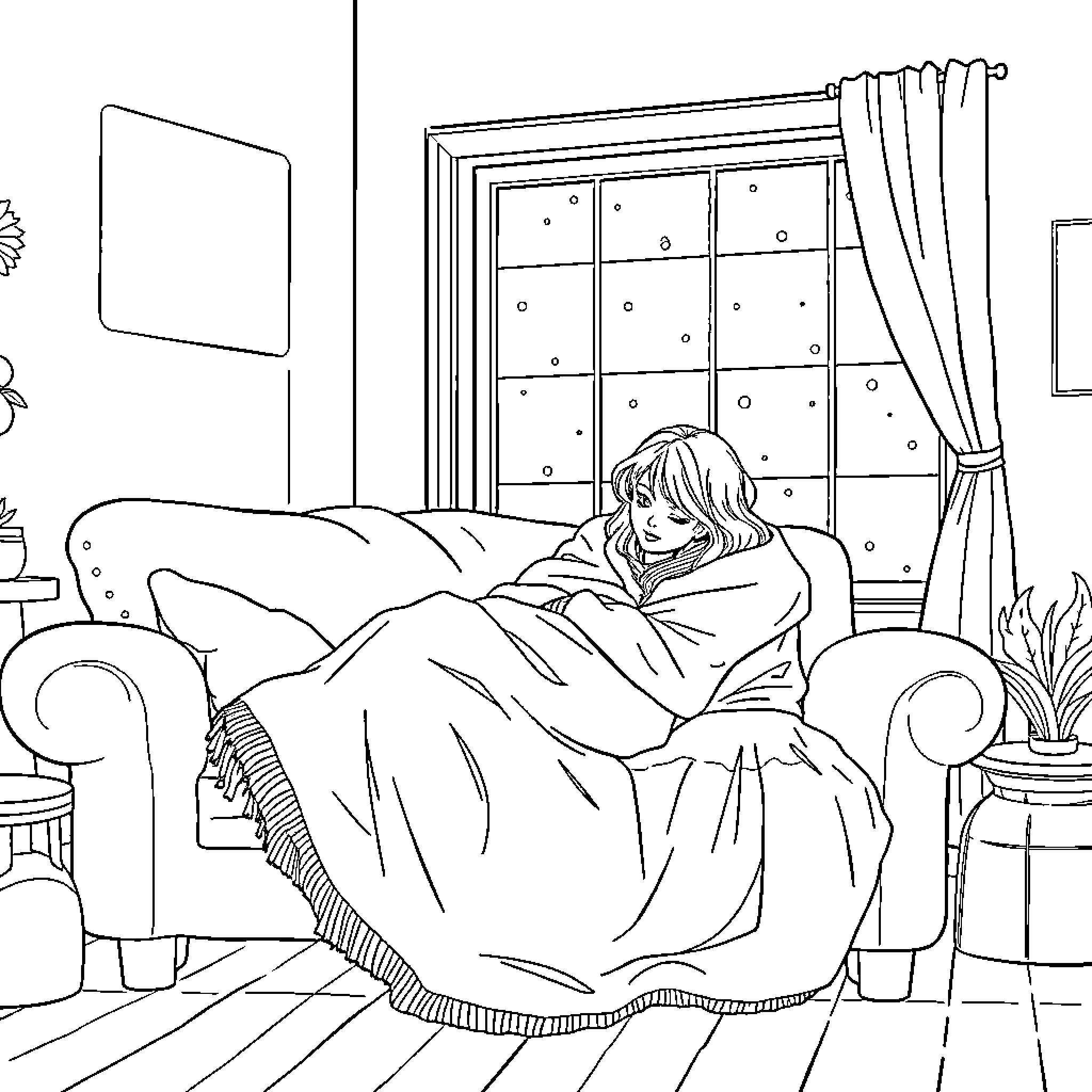 Lady enjoying cozy moment in her bedroom Coloring Page (free black-and-white line drawing printable PDF for all, from beginners to advanced learners, including children, teens, adults, and seniors)