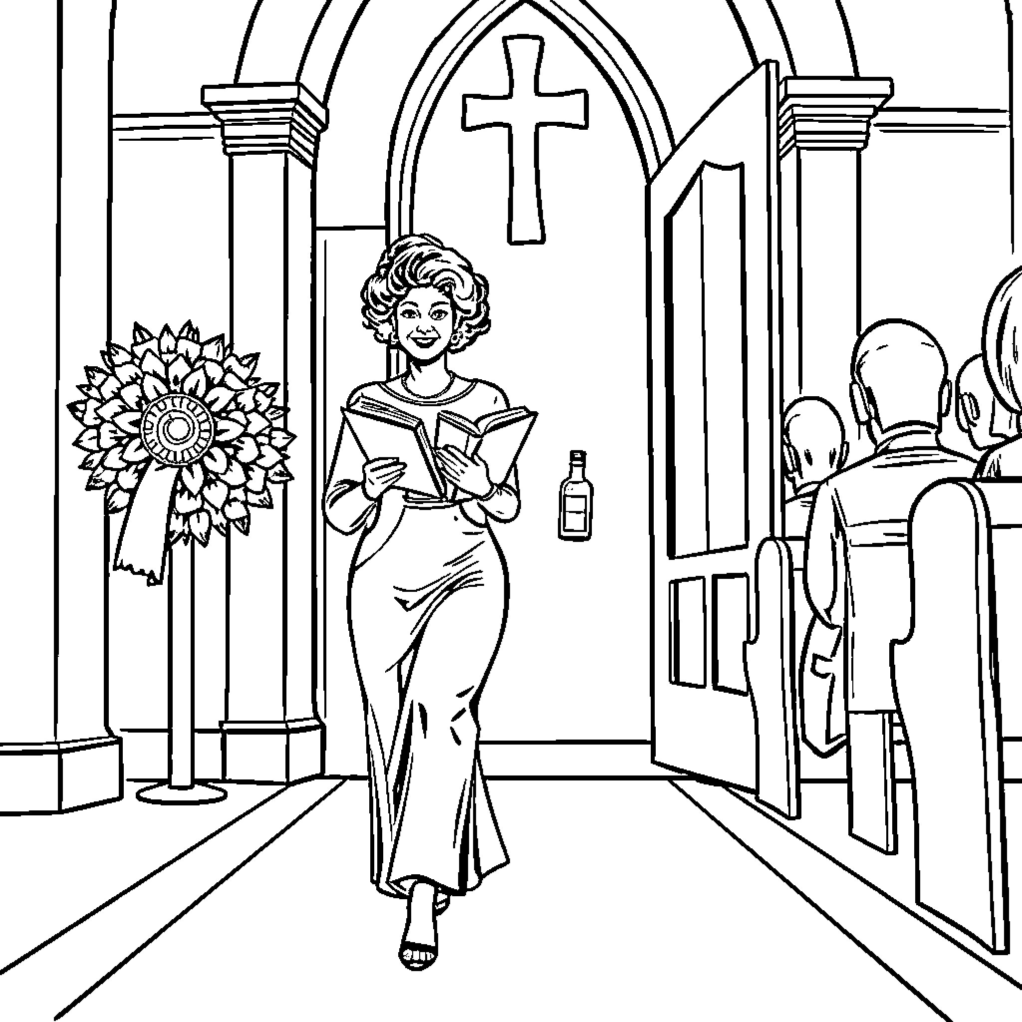 Woman reading in a church Coloring Page (free black-and-white line drawing printable PDF for all, from beginners to advanced learners, including children, teens, adults, and seniors)
