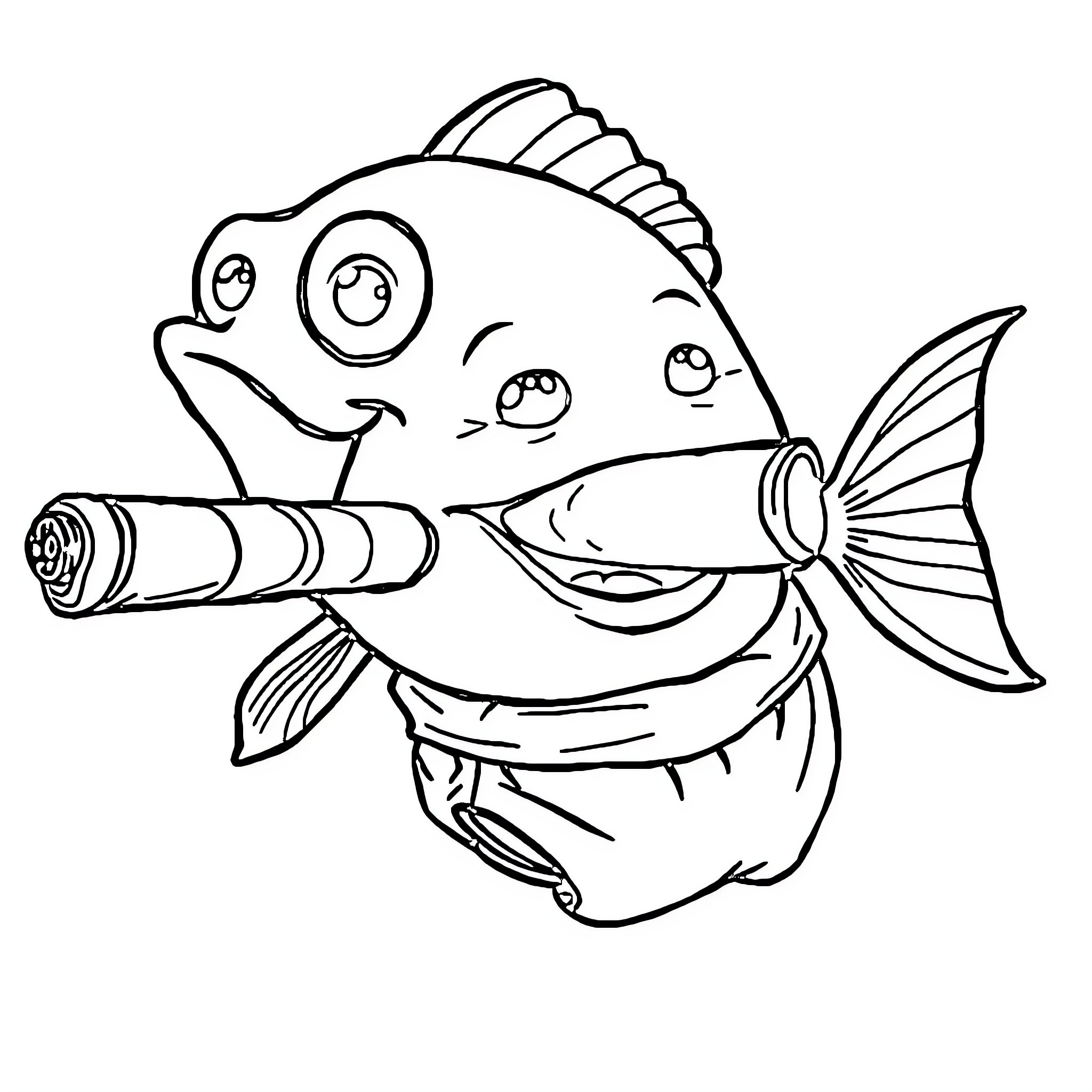 Fish playing with pipe in a playful scene Coloring Page (free black-and-white line drawing printable PDF for all, from beginners to advanced learners, including children, teens, adults, and seniors)