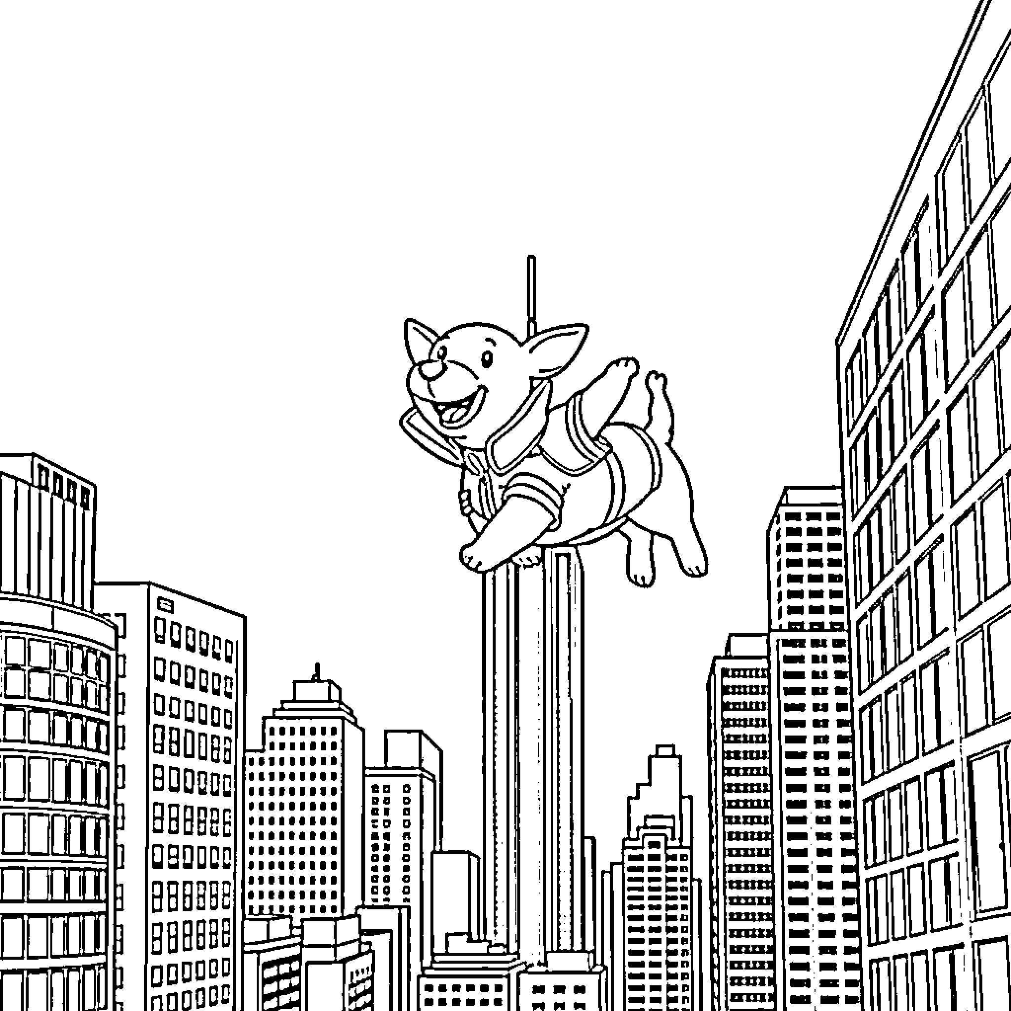 Sausage Dog flying through the city Coloring Page (free black-and-white line drawing printable PDF for all, from beginners to advanced learners, including children, teens, adults, and seniors)
