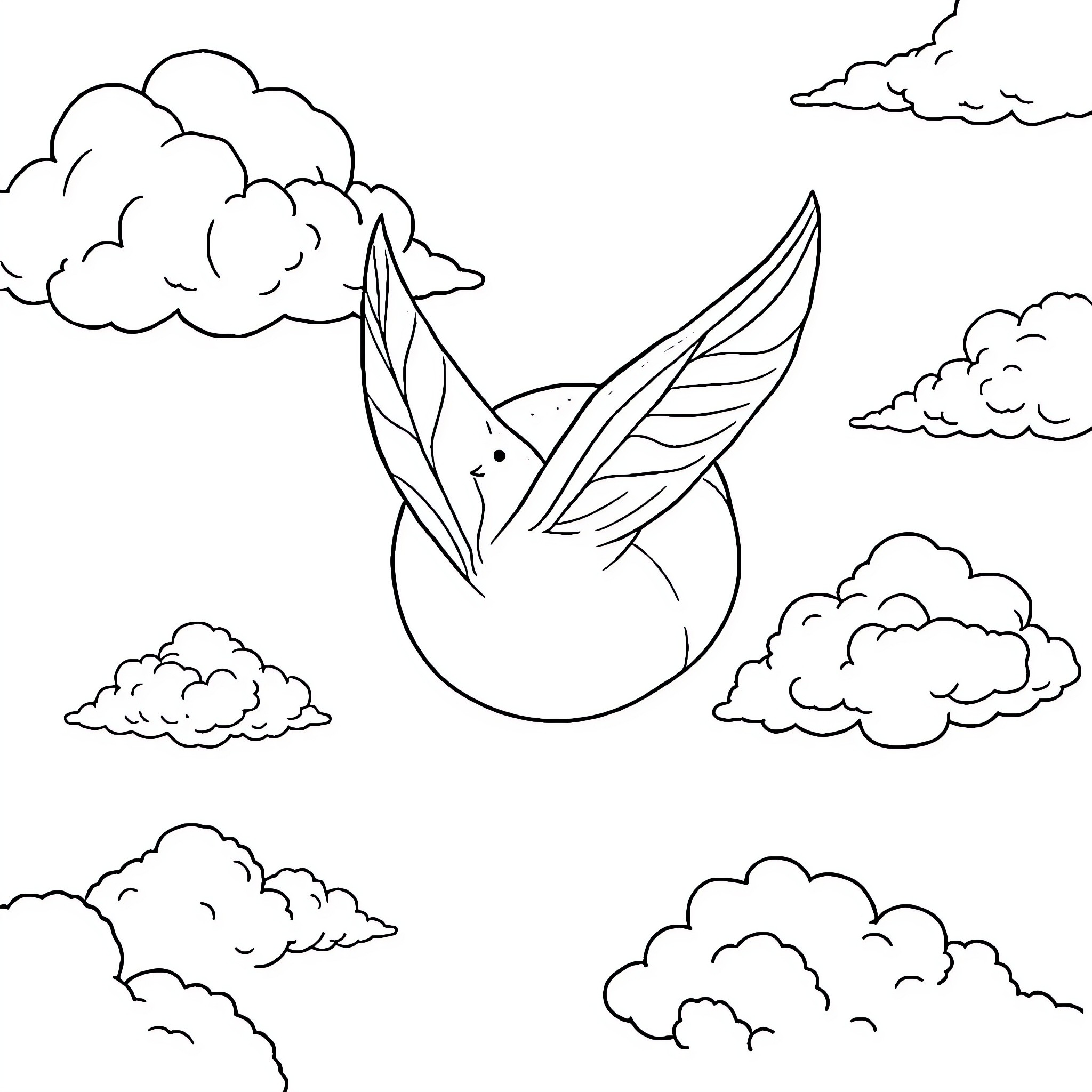 Orange bird soaring through the cloudy skies Coloring Page (free black-and-white line drawing printable PDF for all, from beginners to advanced learners, including children, teens, adults, and seniors)