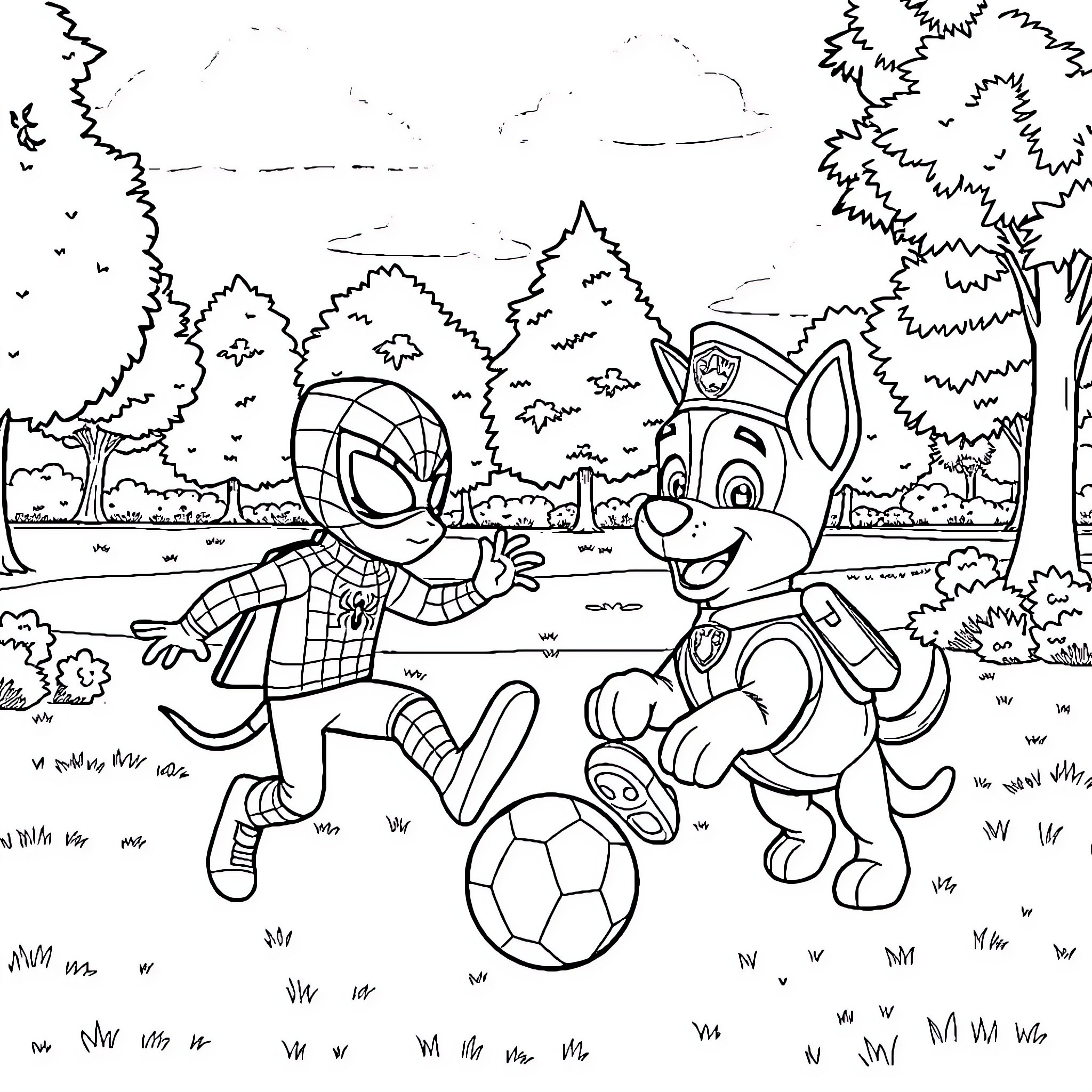 Paw Patrol characters playing soccer in the park Coloring Page (free black-and-white line drawing printable PDF for all, from beginners to advanced learners, including children, teens, adults, and seniors)