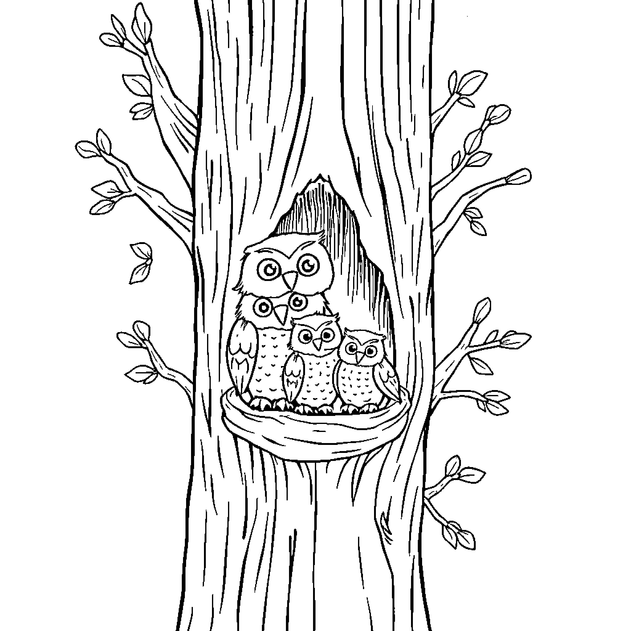 Owl family nesting in tree hollow Coloring Page (free black-and-white line drawing printable PDF for all, from beginners to advanced learners, including children, teens, adults, and seniors)