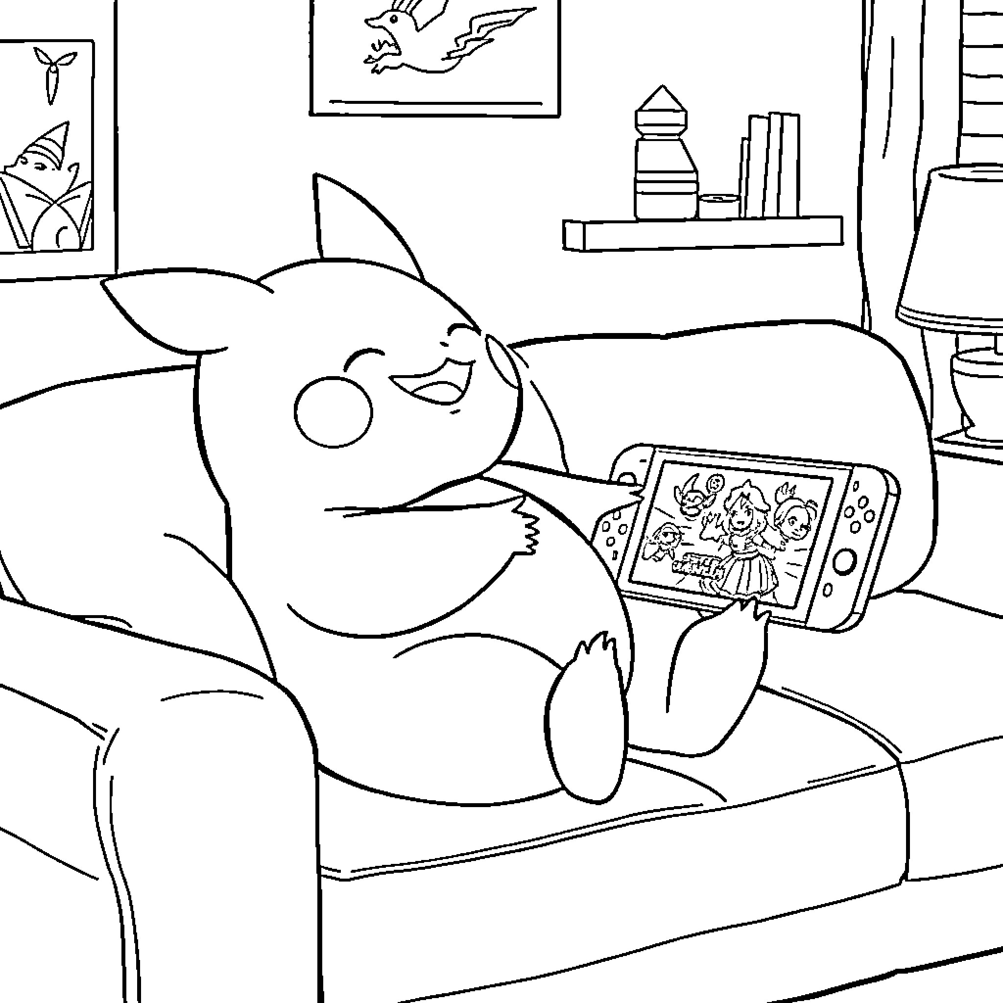 Snorlax enjoying a video game in cozy room Coloring Page (free black-and-white line drawing printable PDF for all, from beginners to advanced learners, including children, teens, adults, and seniors)