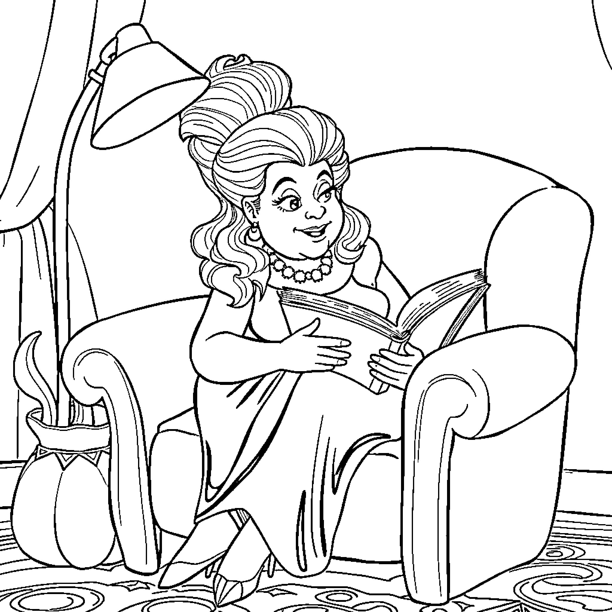 Ursula reading a book in a cozy armchair Coloring Page (free black-and-white line drawing printable PDF for all, from beginners to advanced learners, including children, teens, adults, and seniors)