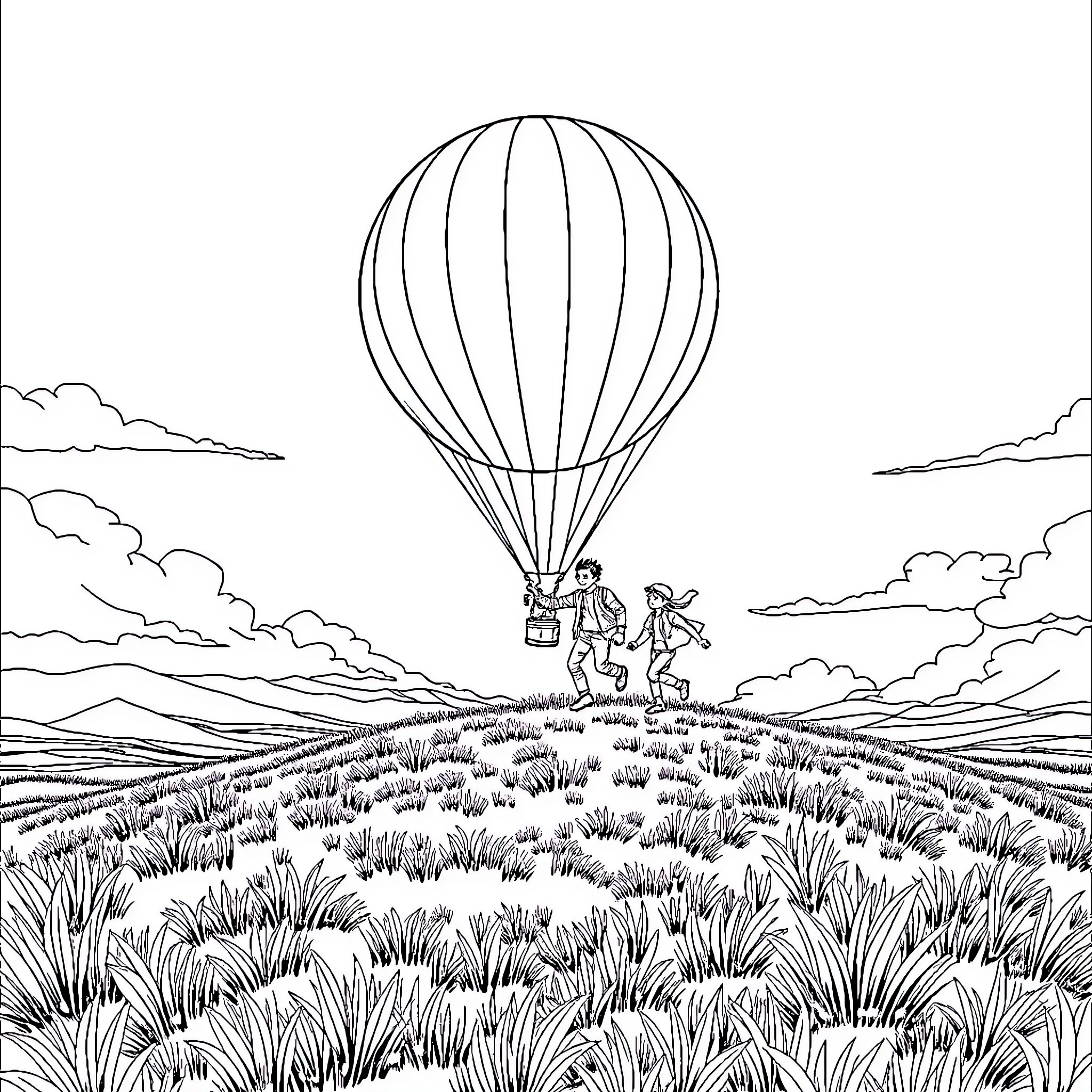 Globo Characters Exploring the Scenic Landscape Coloring Page (free black-and-white line drawing printable PDF for all, from beginners to advanced learners, including children, teens, adults, and seniors)