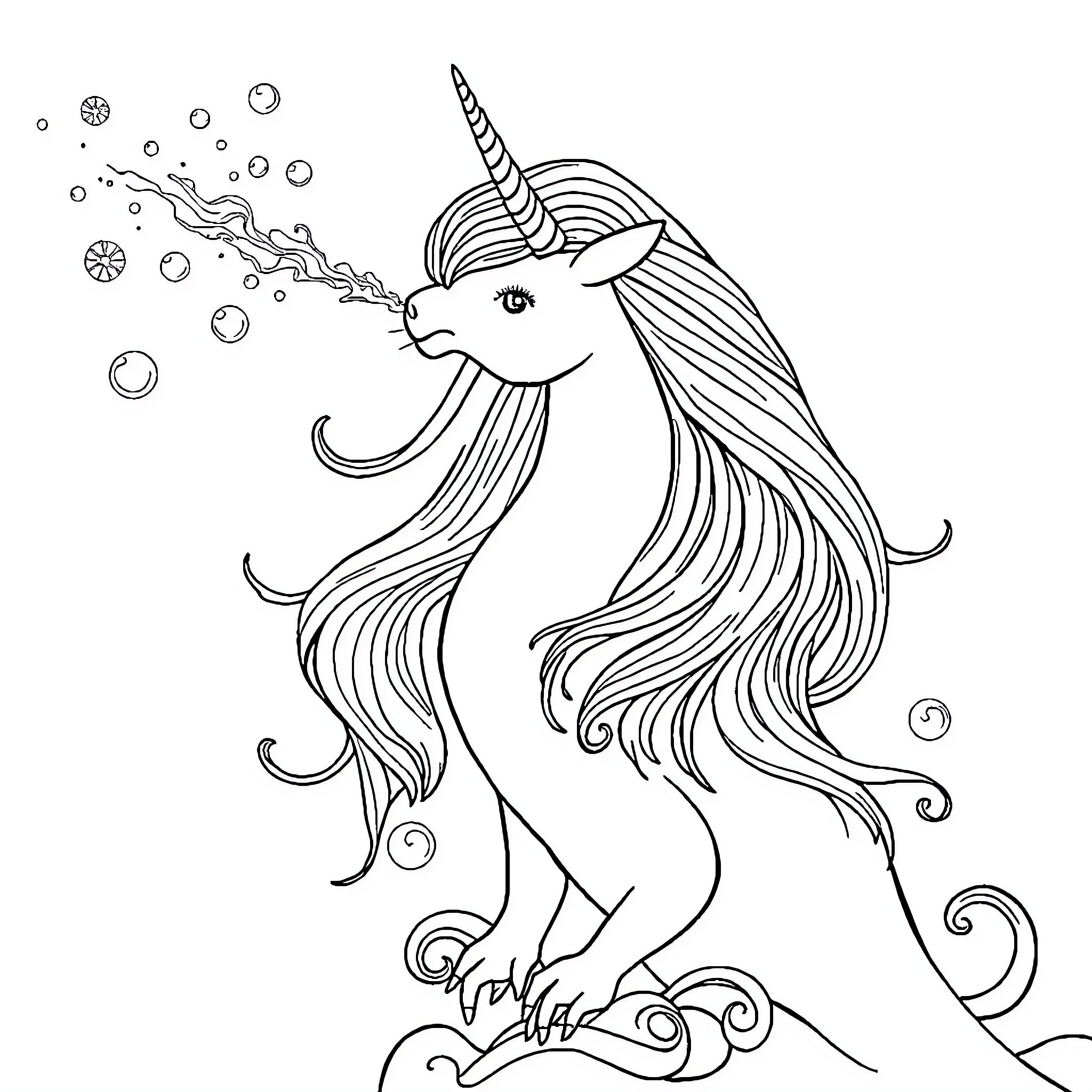Siren Unicorn Breathing Bubbles in the Sea Coloring Page (free black-and-white line drawing printable PDF for all, from beginners to advanced learners, including children, teens, adults, and seniors)