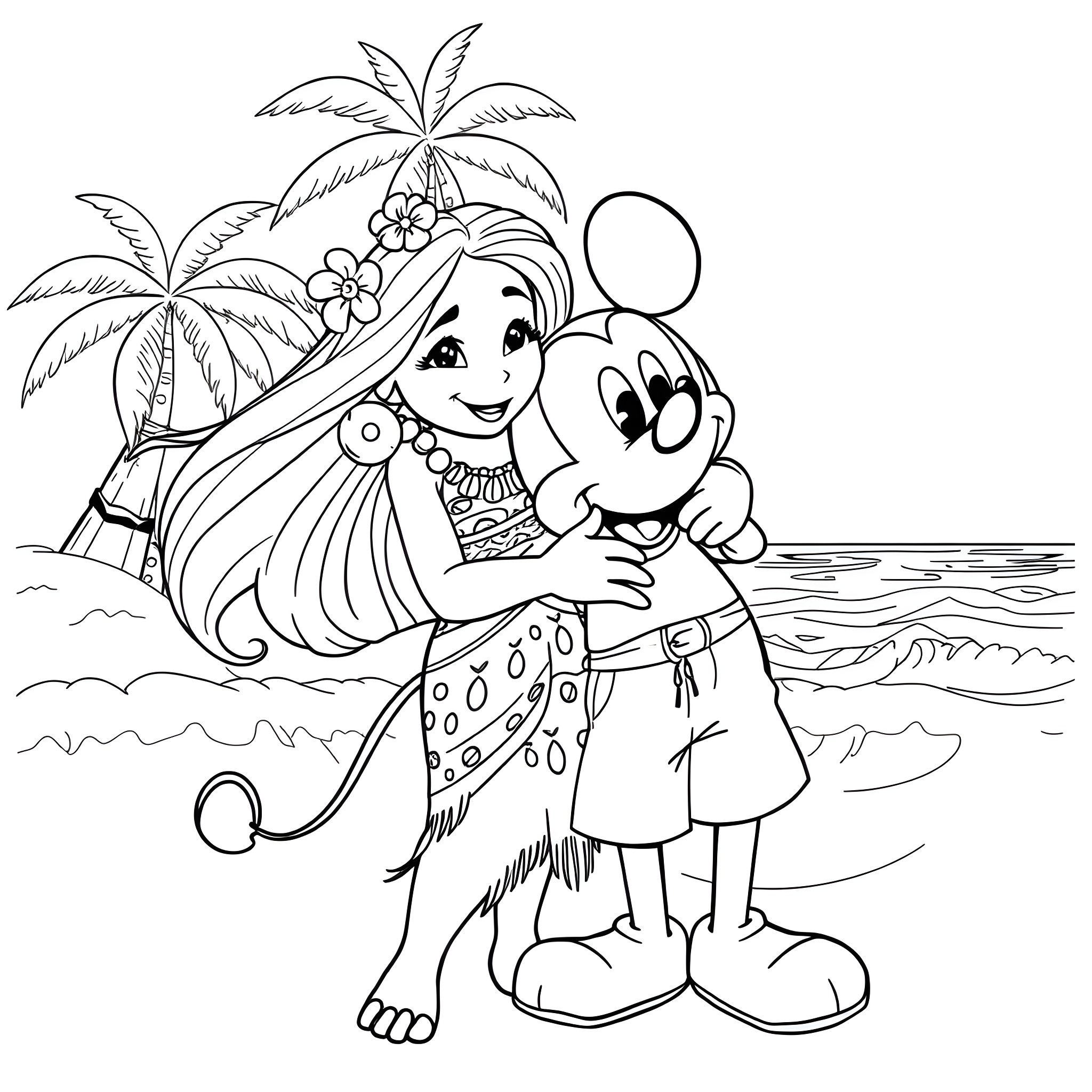 Moana and Pua enjoying the tropical beach Coloring Page (free black-and-white line drawing printable PDF for all, from beginners to advanced learners, including children, teens, adults, and seniors)