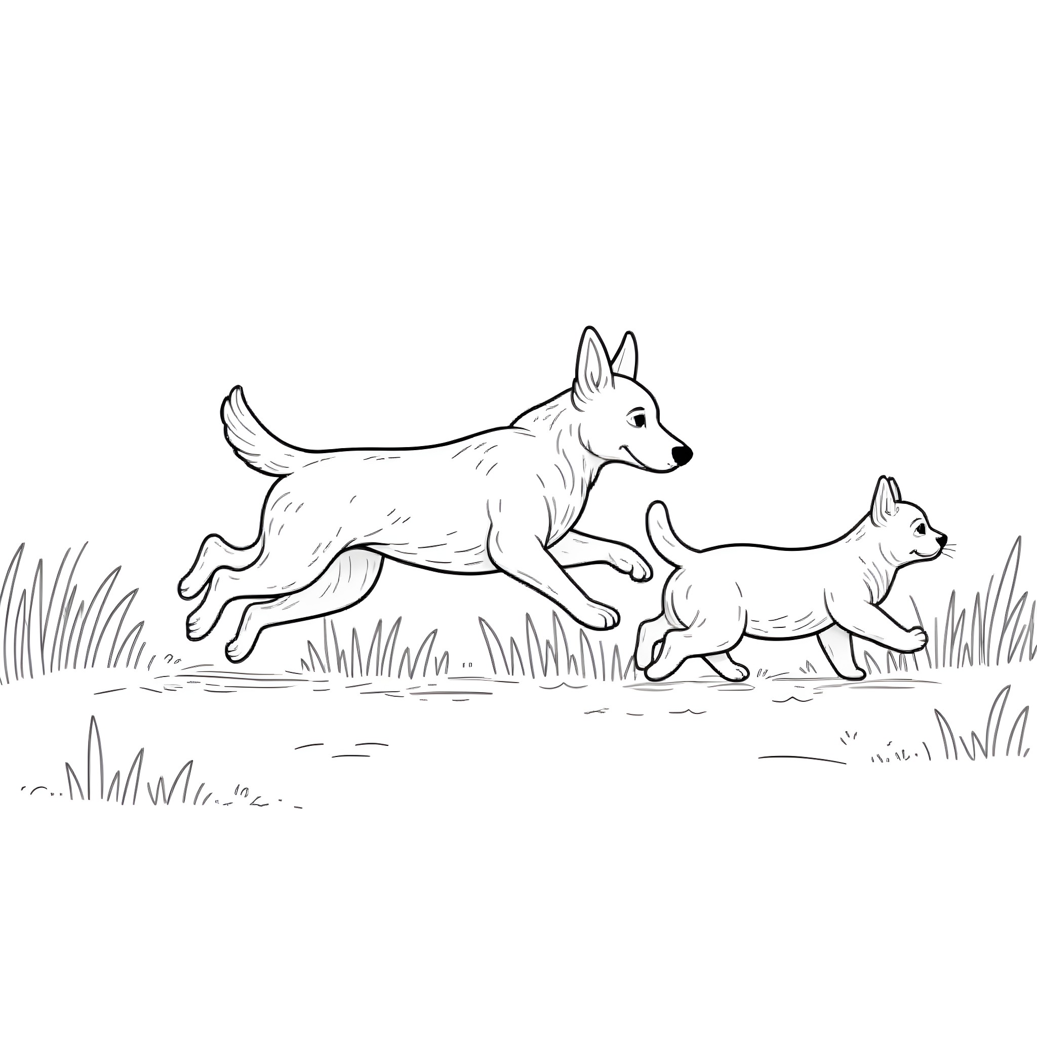 Dog and puppy playing in the grass Coloring Page (free black-and-white line drawing printable PDF for all, from beginners to advanced learners, including children, teens, adults, and seniors)