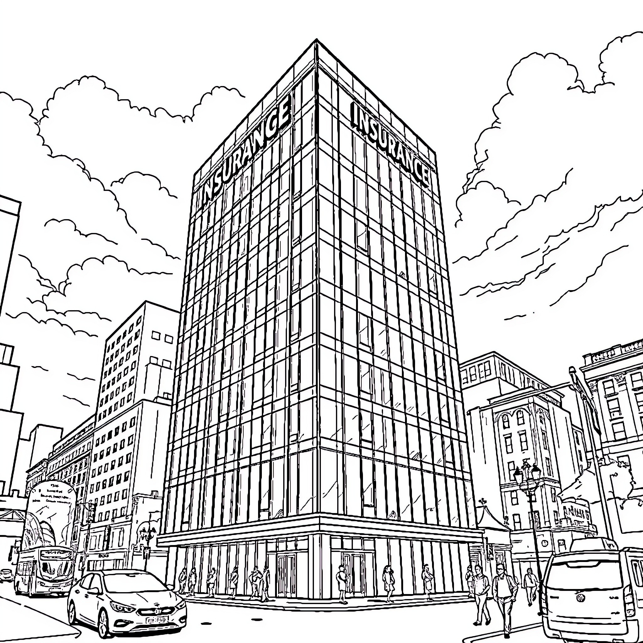 Building with Large Glass Windows and Signage in Busy City Coloring Page (free black-and-white line drawing printable PDF for all, from beginners to advanced learners, including children, teens, adults, and seniors)