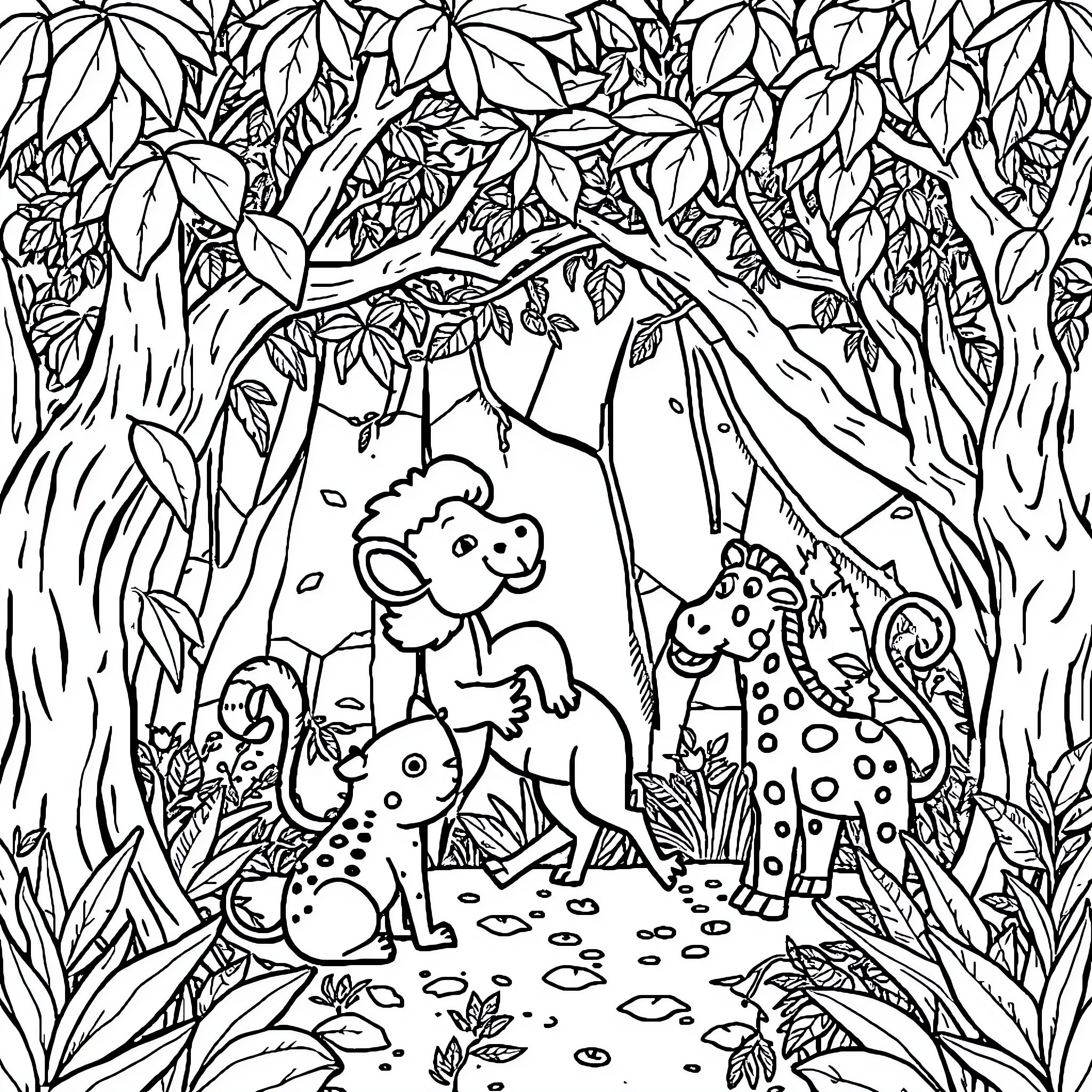 Jungle Animals Exploring Lush Foliage Coloring Page (free black-and-white line drawing printable PDF for all, from beginners to advanced learners, including children, teens, adults, and seniors)