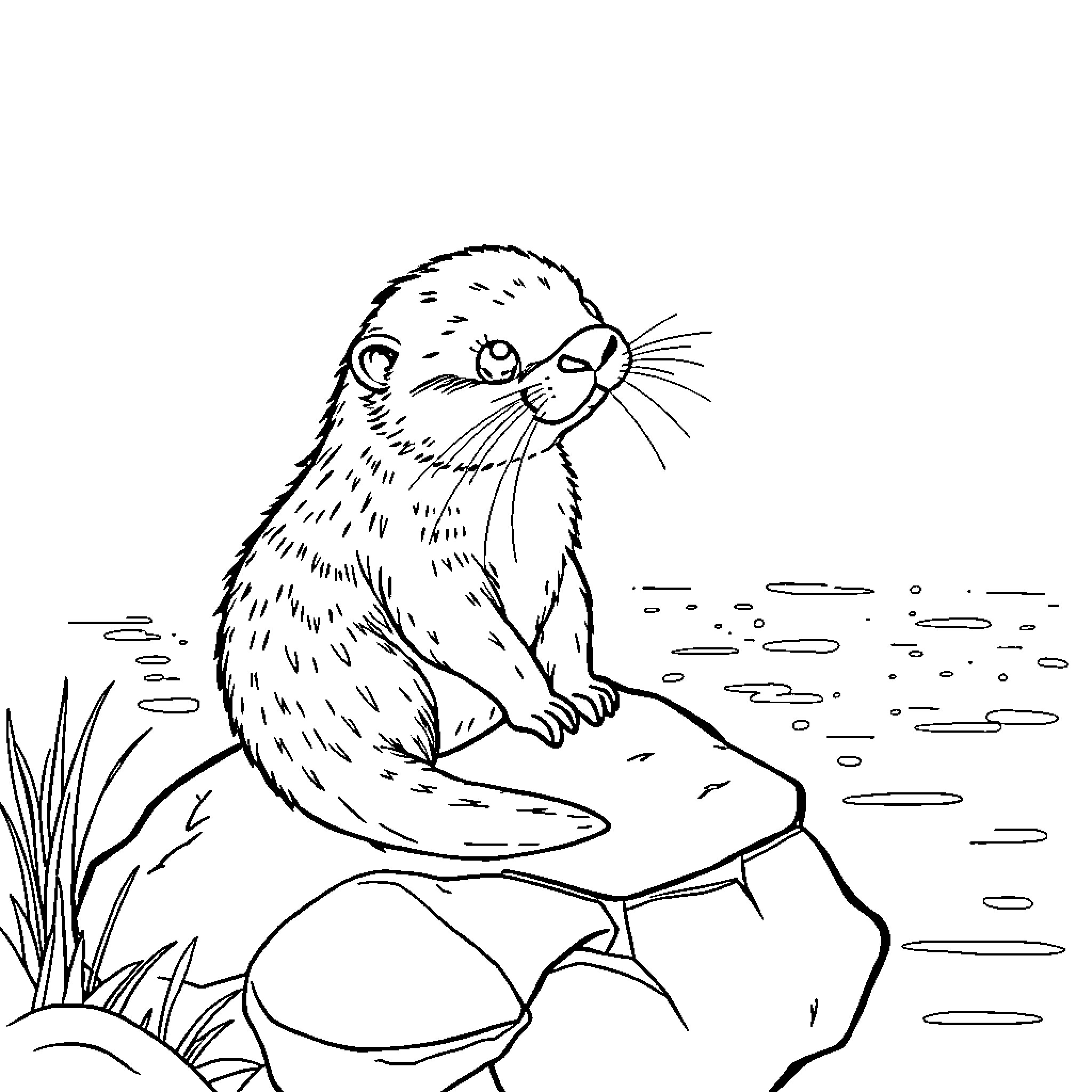 Otter resting calmly on rocks by the water Coloring Page (free black-and-white line drawing printable PDF for all, from beginners to advanced learners, including children, teens, adults, and seniors)