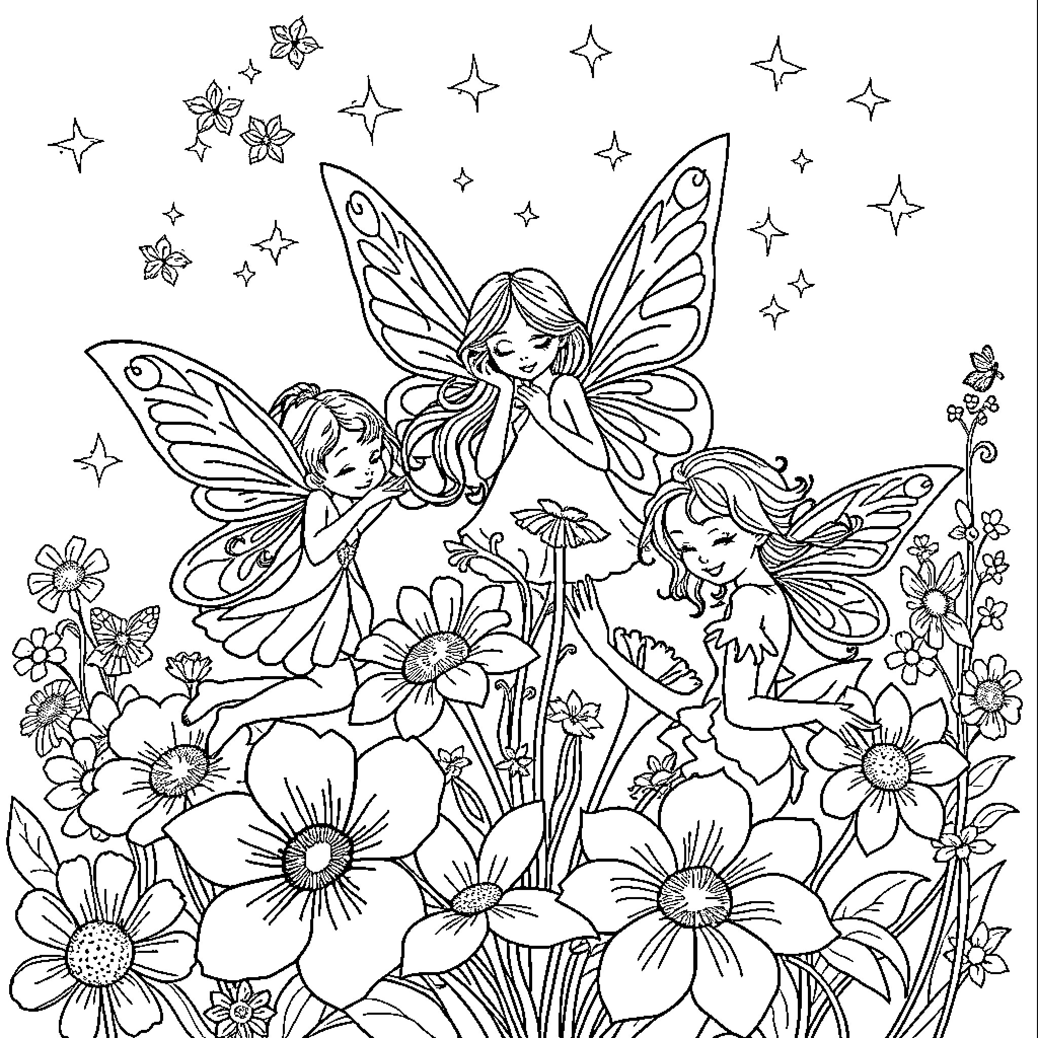 Fairy Companions Among Enchanting Flowers Coloring Page (free black-and-white line drawing printable PDF for all, from beginners to advanced learners, including children, teens, adults, and seniors)