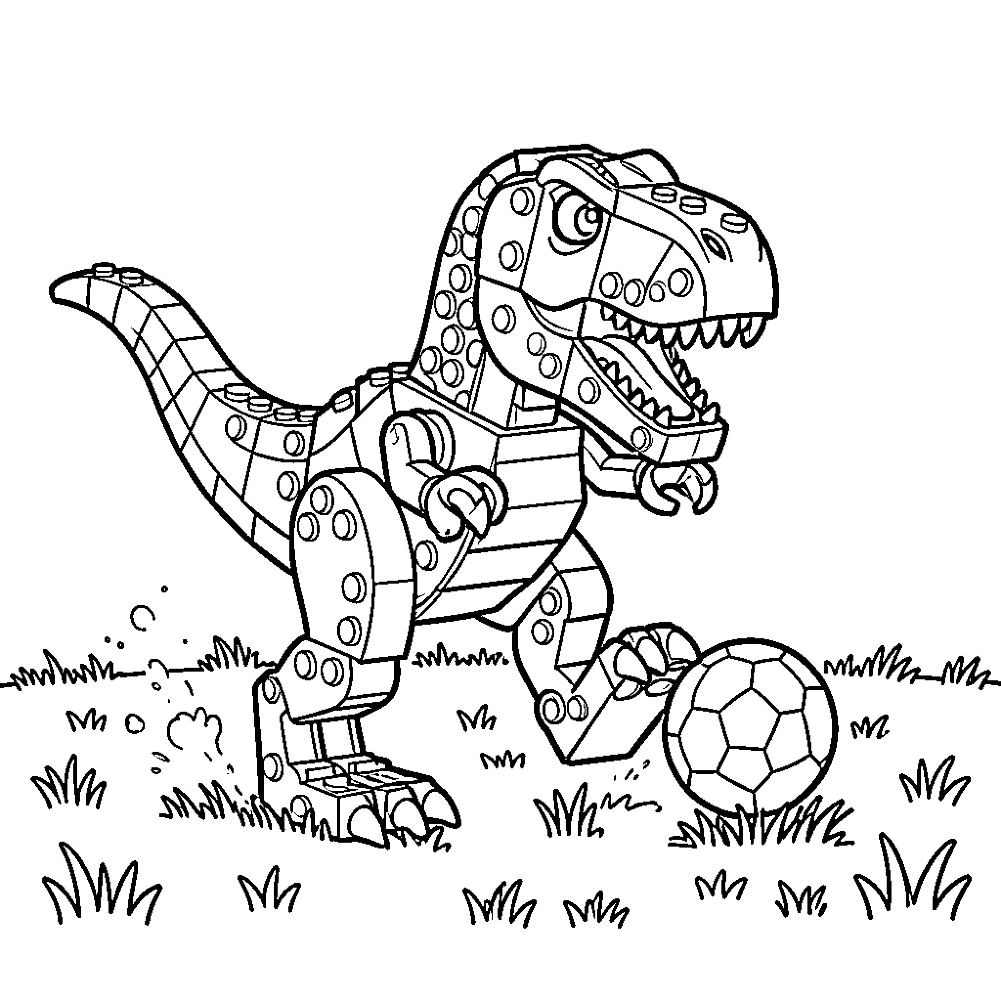 T-Rex playing with soccer ball in the field Coloring Page (free black-and-white line drawing printable PDF for all, from beginners to advanced learners, including children, teens, adults, and seniors)