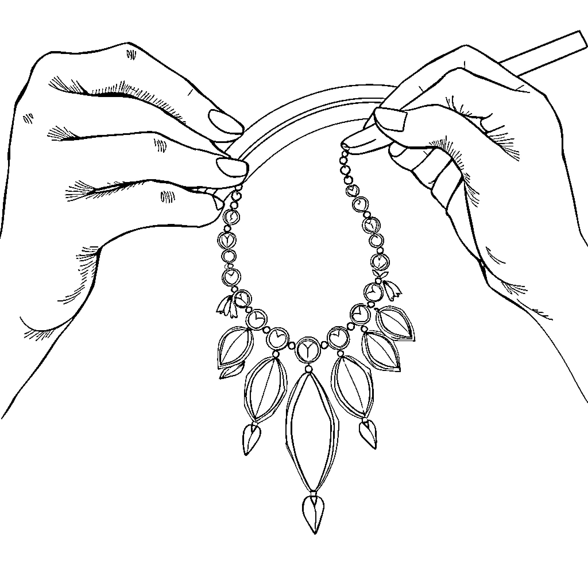 Rainbow Jewelry Crafting Hands Coloring Page (free black-and-white line drawing printable PDF for all, from beginners to advanced learners, including children, teens, adults, and seniors)