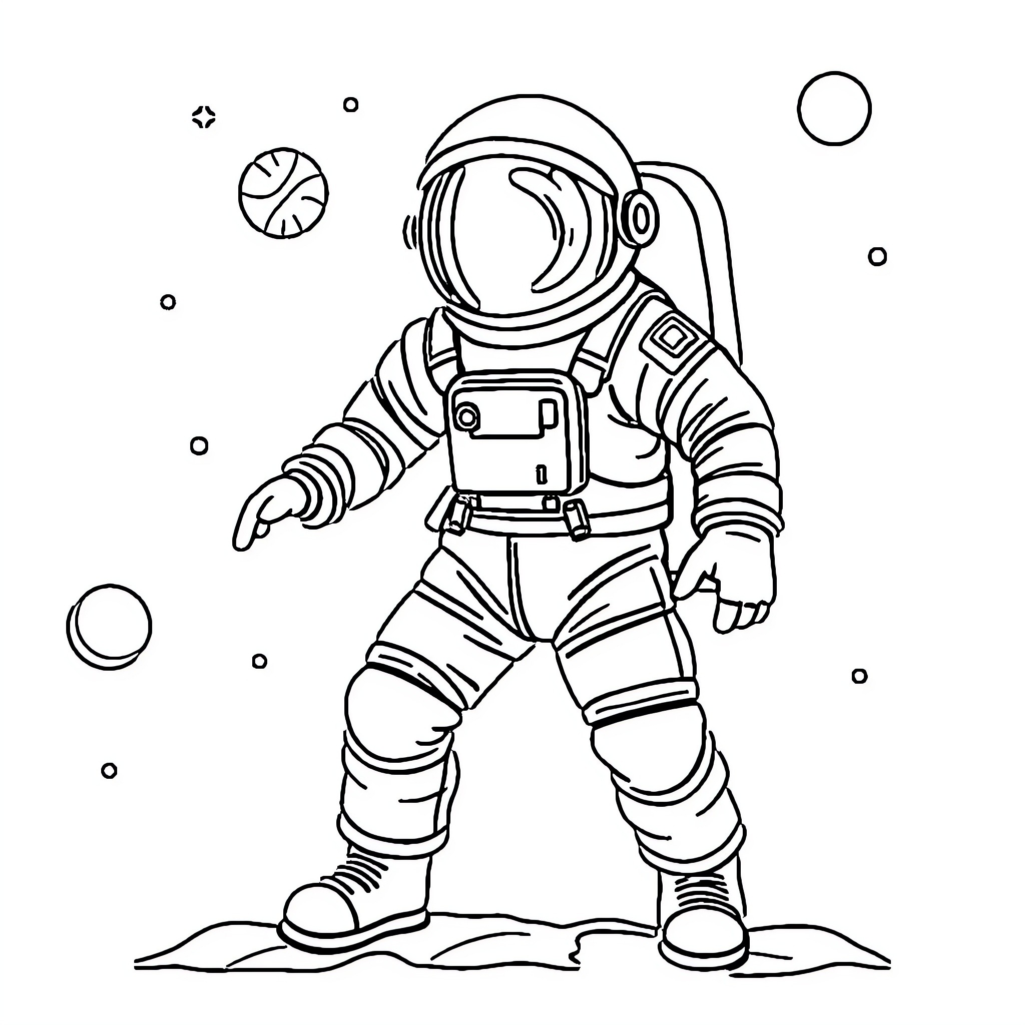 Astronaut exploring the cosmic landscape Coloring Page (free black-and-white line drawing printable PDF for all, from beginners to advanced learners, including children, teens, adults, and seniors)