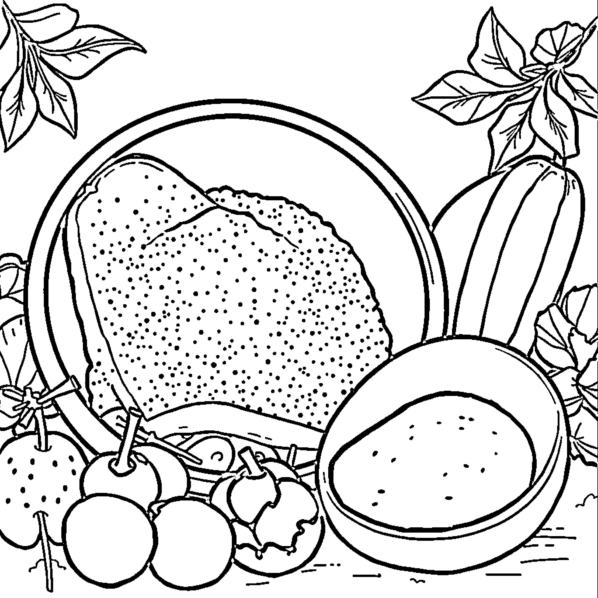 Sugar Rush of Fruit Delight Coloring Page (free black-and-white line drawing printable PDF for all, from beginners to advanced learners, including children, teens, adults, and seniors)