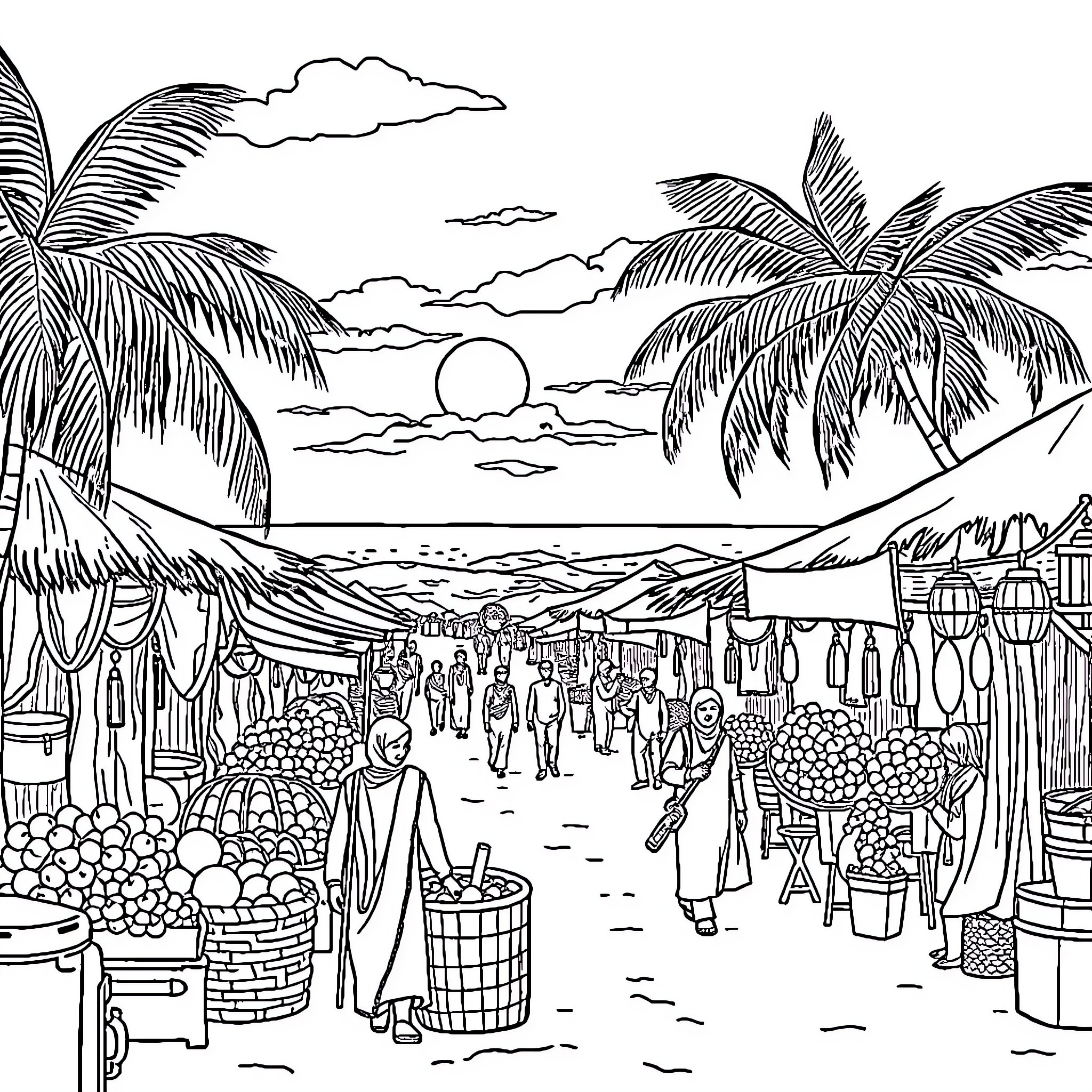 Somalia's Vibrant Market Amid Tropical Scenery Coloring Page (free black-and-white line drawing printable PDF for all, from beginners to advanced learners, including children, teens, adults, and seniors)