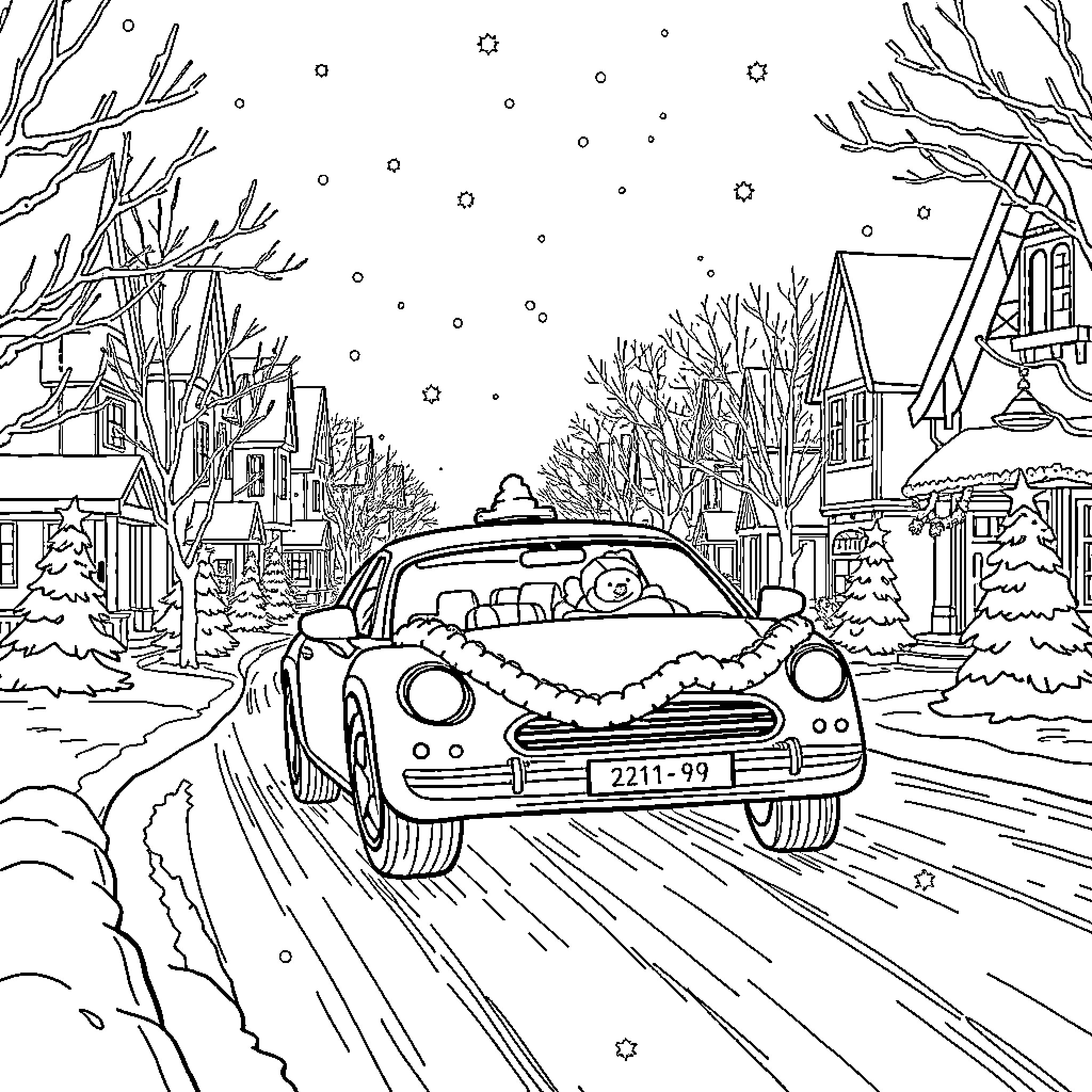 Car driving through winter wonderland scene Coloring Page (free black-and-white line drawing printable PDF for all, from beginners to advanced learners, including children, teens, adults, and seniors)
