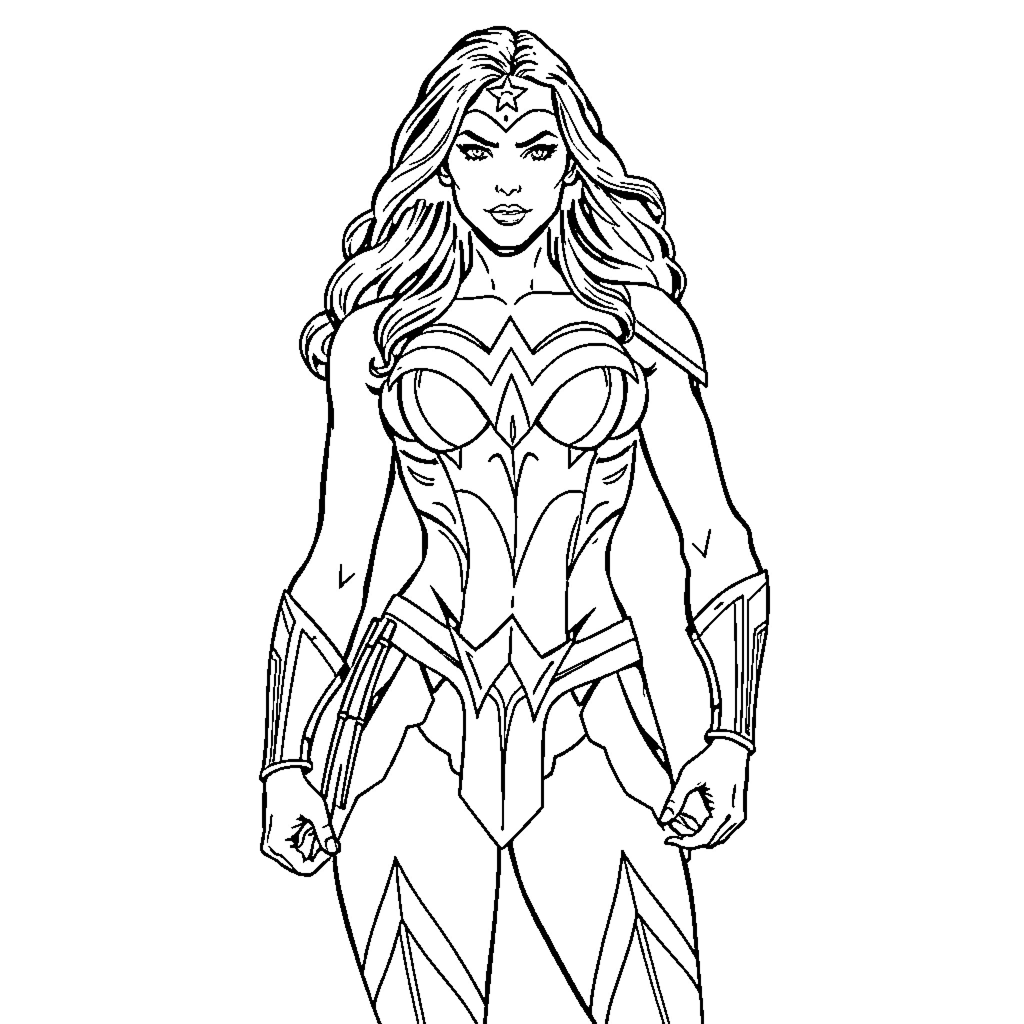 Wonder Woman Heroine in Powerful Stance Coloring Page (free black-and-white line drawing printable PDF for all, from beginners to advanced learners, including children, teens, adults, and seniors)