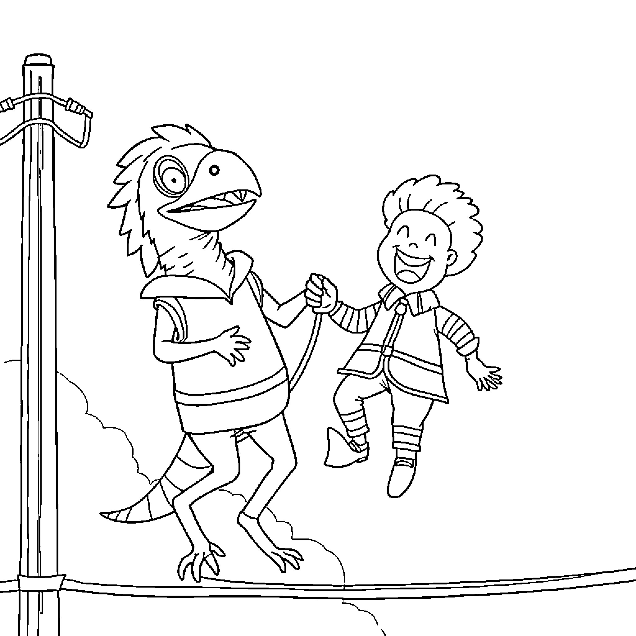 Raptor guiding a child on a high wire Coloring Page (free black-and-white line drawing printable PDF for all, from beginners to advanced learners, including children, teens, adults, and seniors)