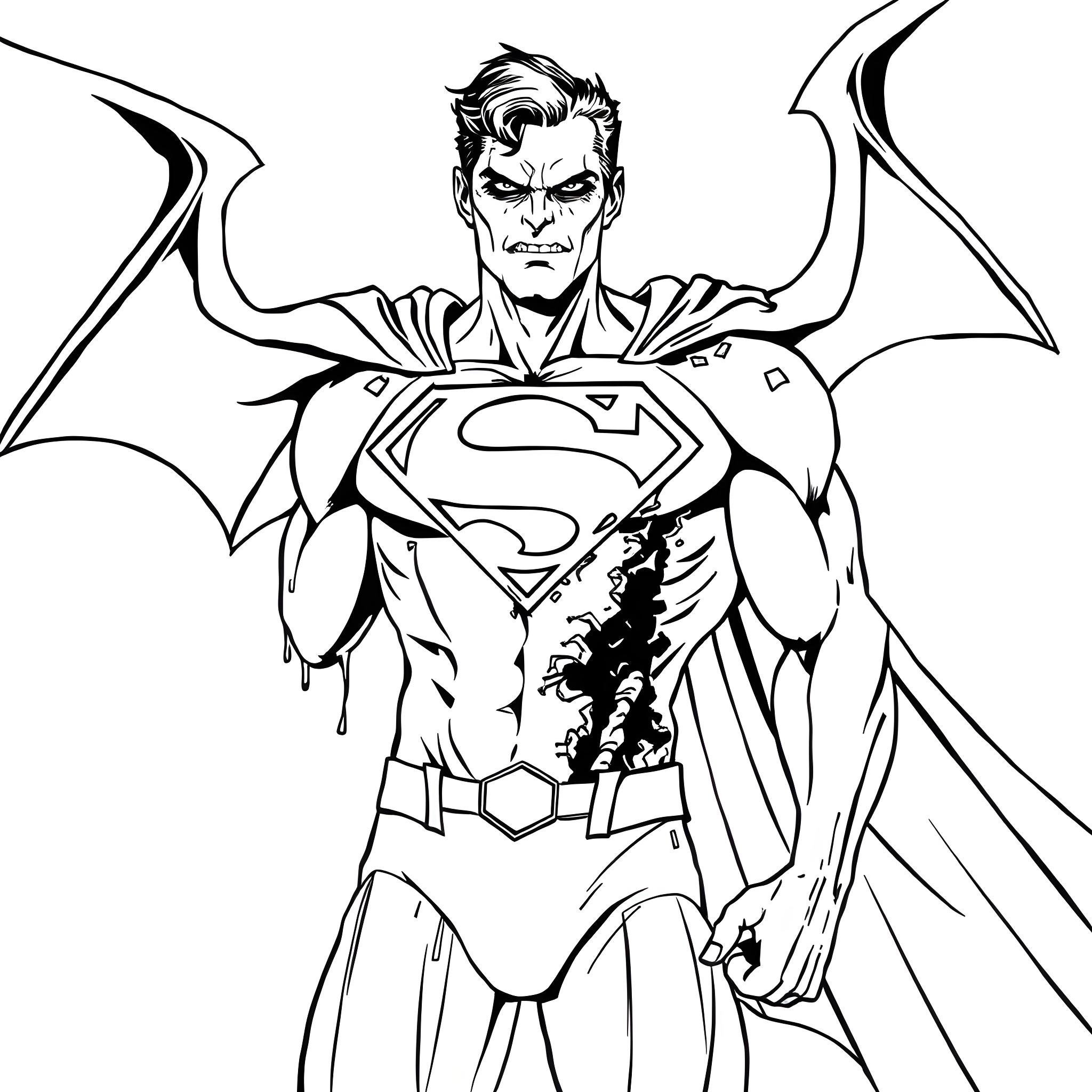 Zombie Superman - Heroic Undead Protector Coloring Page (free black-and-white line drawing printable PDF for all, from beginners to advanced learners, including children, teens, adults, and seniors)
