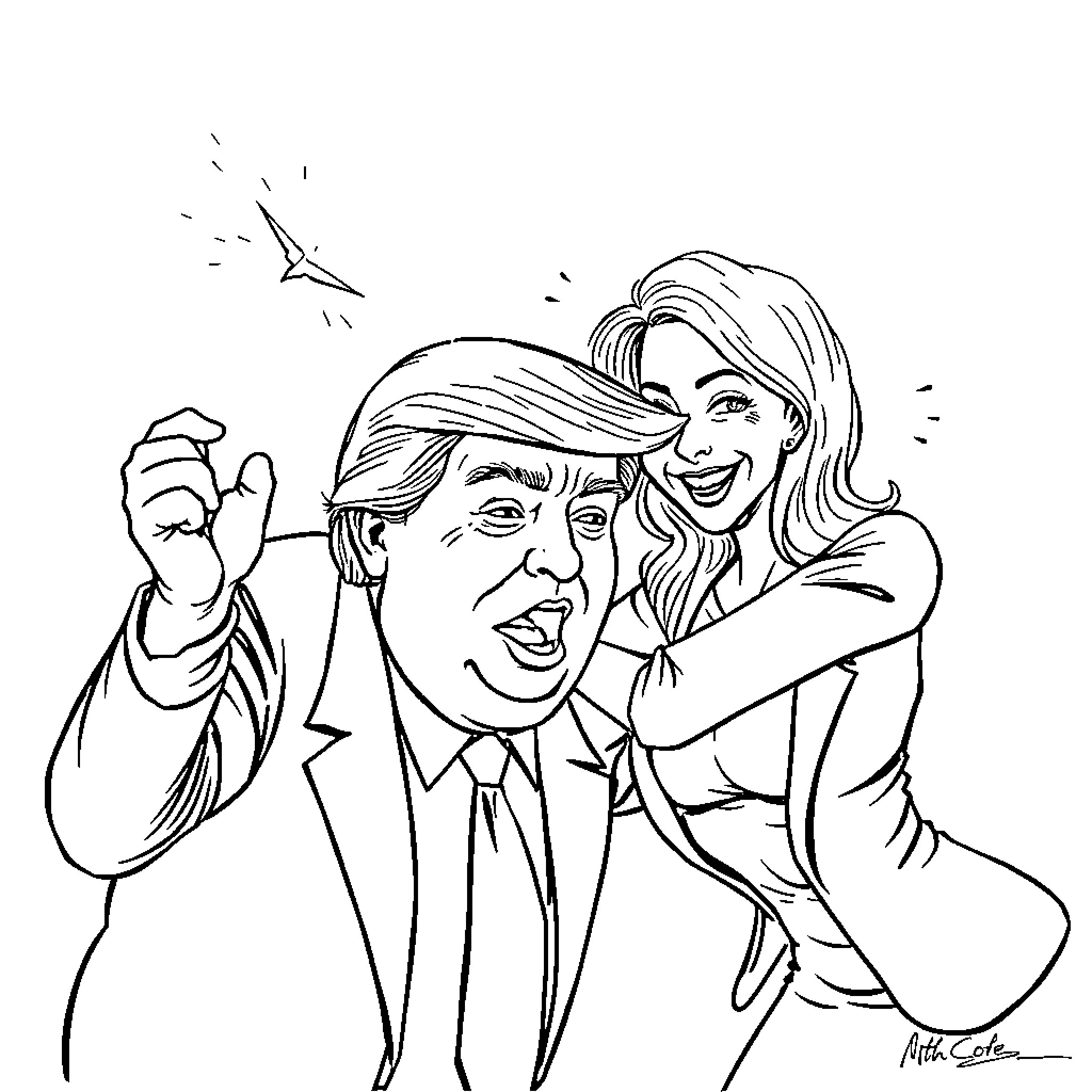 Donald Trump making a gesture with an associate Coloring Page (free black-and-white line drawing printable PDF for all, from beginners to advanced learners, including children, teens, adults, and seniors)