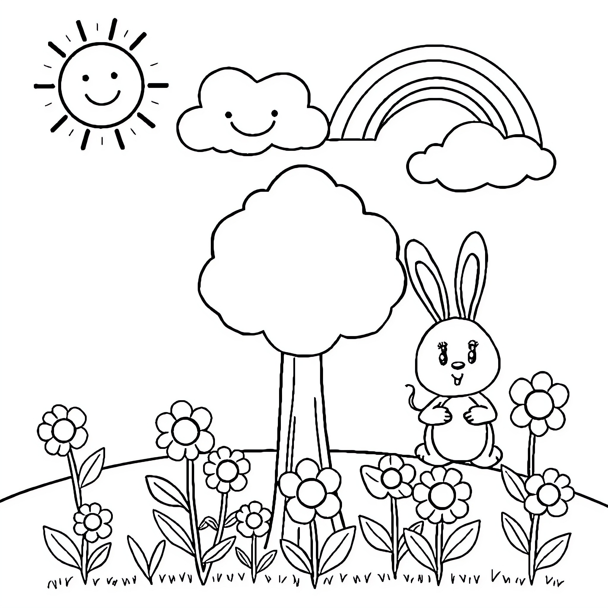 Bunny enjoying a sunny day in the garden Coloring Page (free black-and-white line drawing printable PDF for all, from beginners to advanced learners, including children, teens, adults, and seniors)