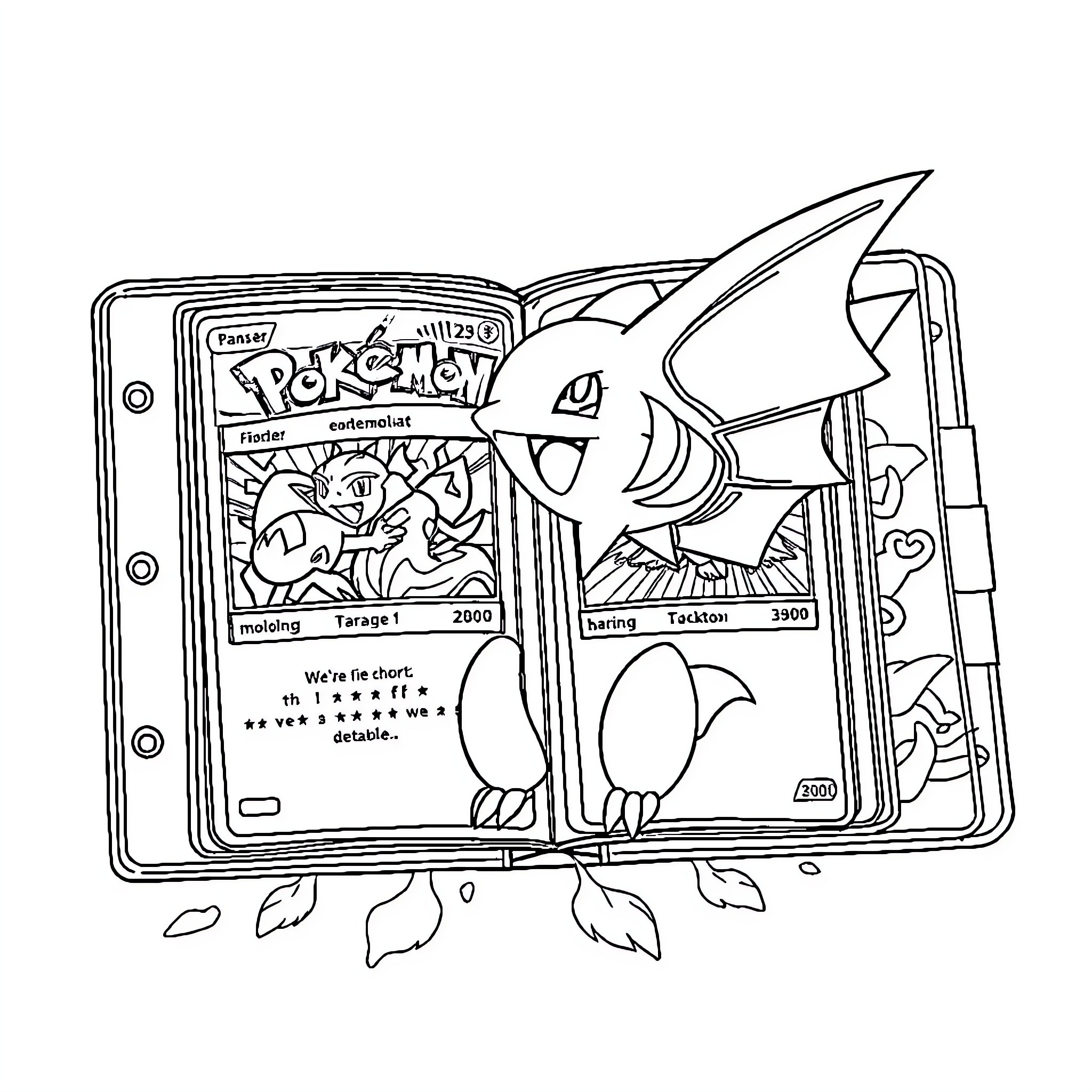 Pokémon Trainer Exploring Pokémon Card Deck Coloring Page (free black-and-white line drawing printable PDF for all, from beginners to advanced learners, including children, teens, adults, and seniors)