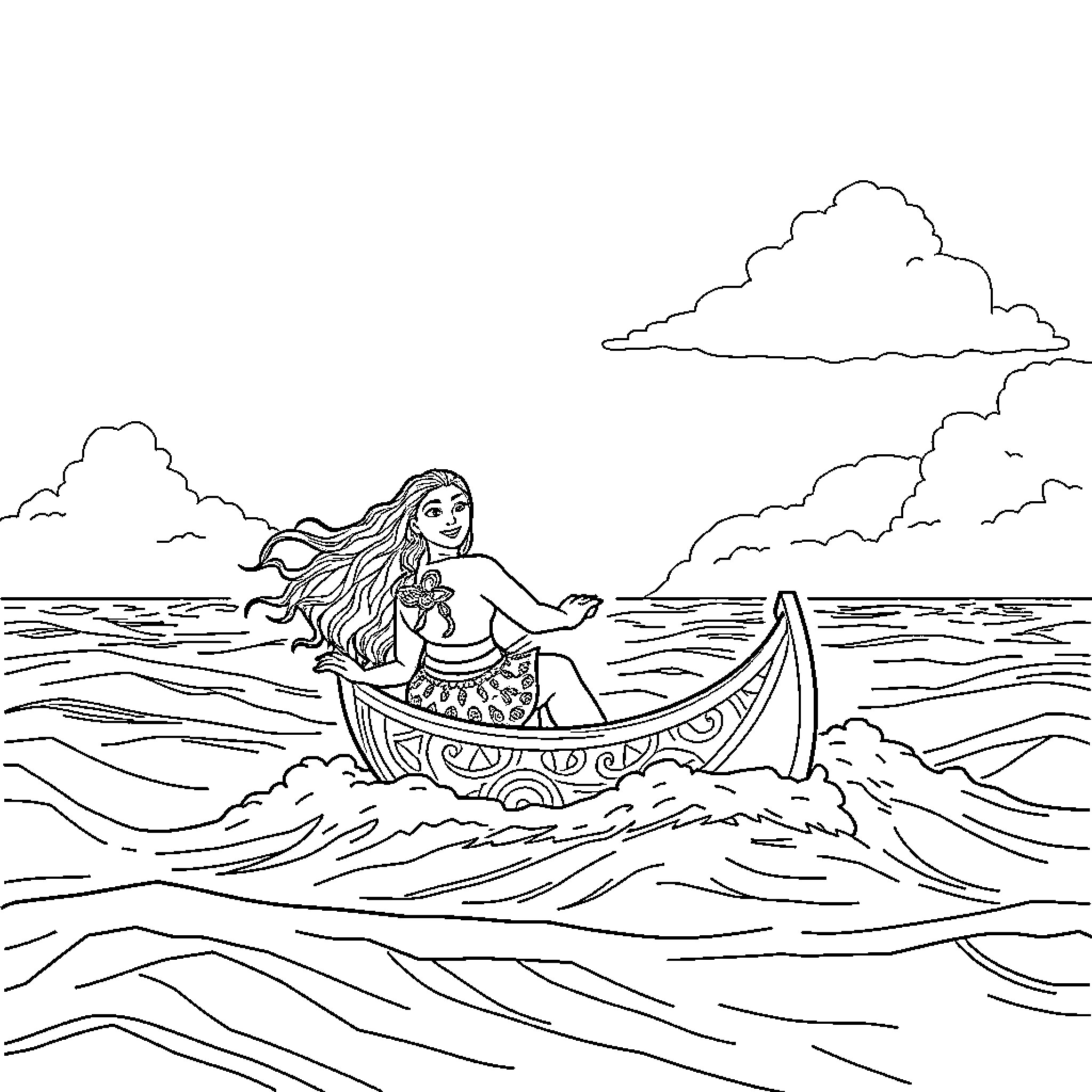 Moana voyaging across the ocean in a canoe Coloring Page (free black-and-white line drawing printable PDF for all, from beginners to advanced learners, including children, teens, adults, and seniors)
