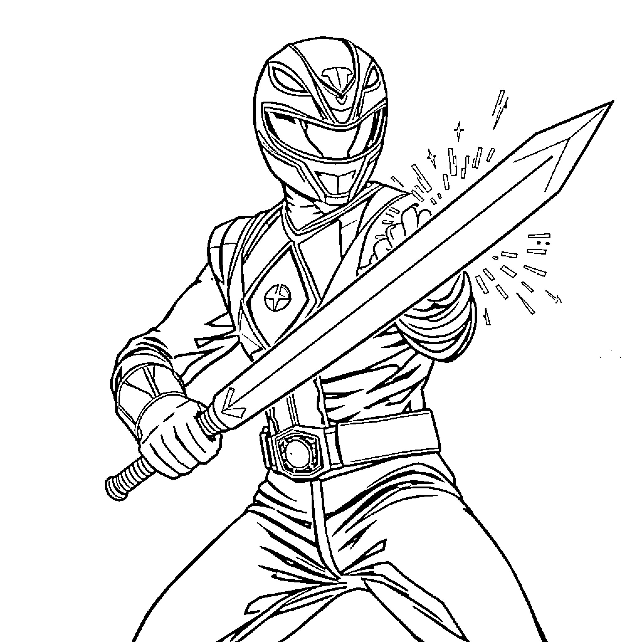 Power Ranger Wielding Mighty Sword in Action Pose Coloring Page (free black-and-white line drawing printable PDF for all, from beginners to advanced learners, including children, teens, adults, and seniors)