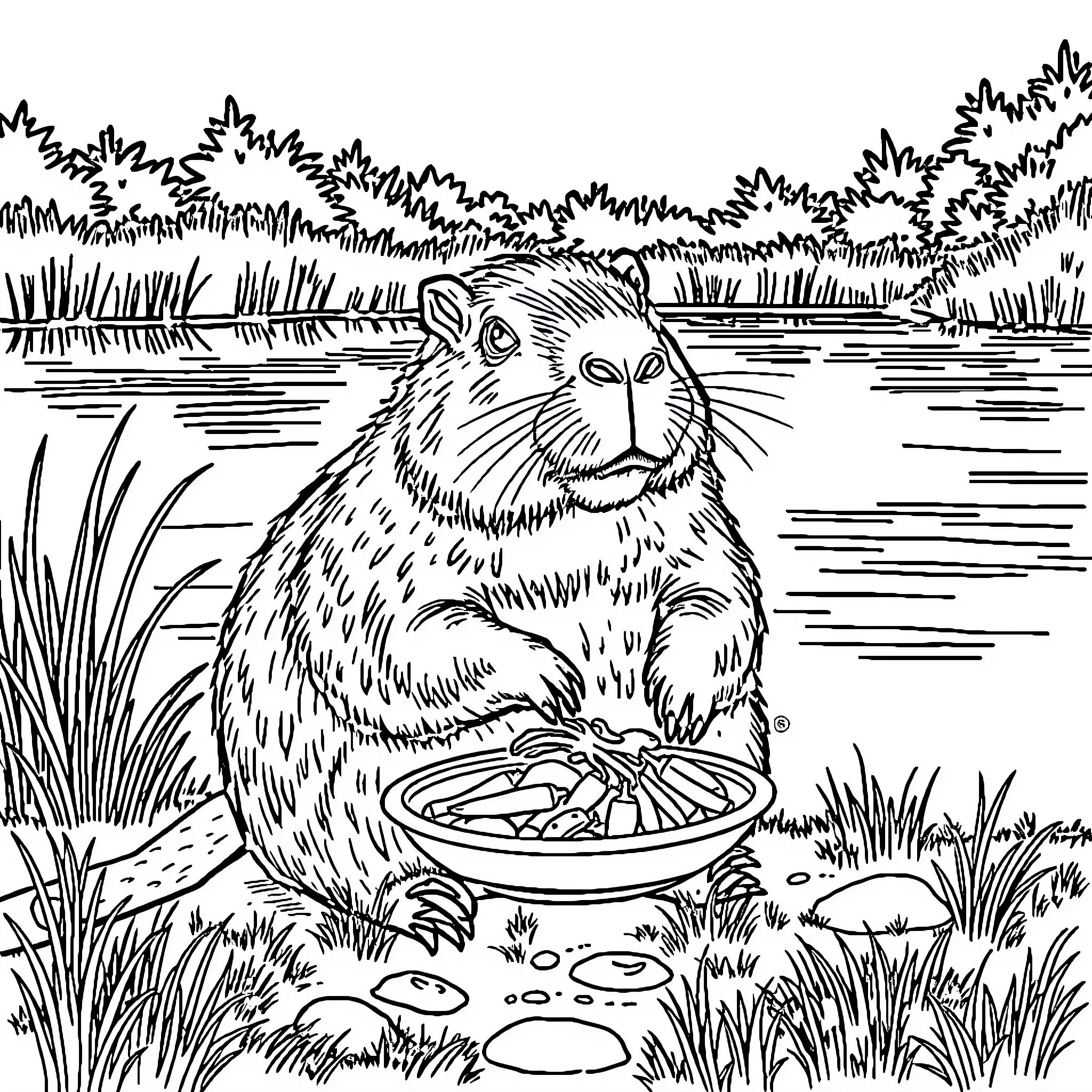 Capybara enjoying a snack by the water Coloring Page (free black-and-white line drawing printable PDF for all, from beginners to advanced learners, including children, teens, adults, and seniors)
