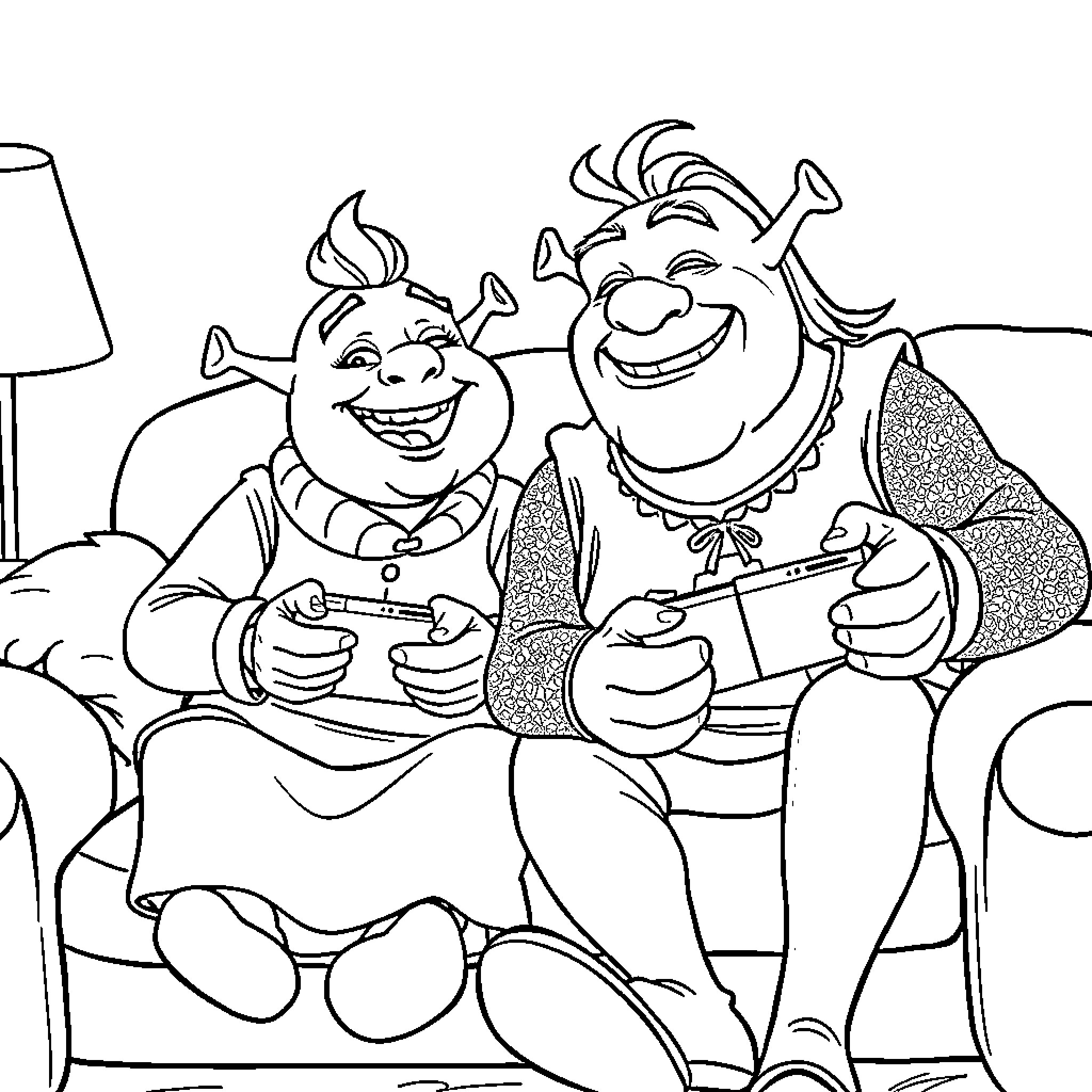 Shrek and Donkey playing video games together Coloring Page (free black-and-white line drawing printable PDF for all, from beginners to advanced learners, including children, teens, adults, and seniors)