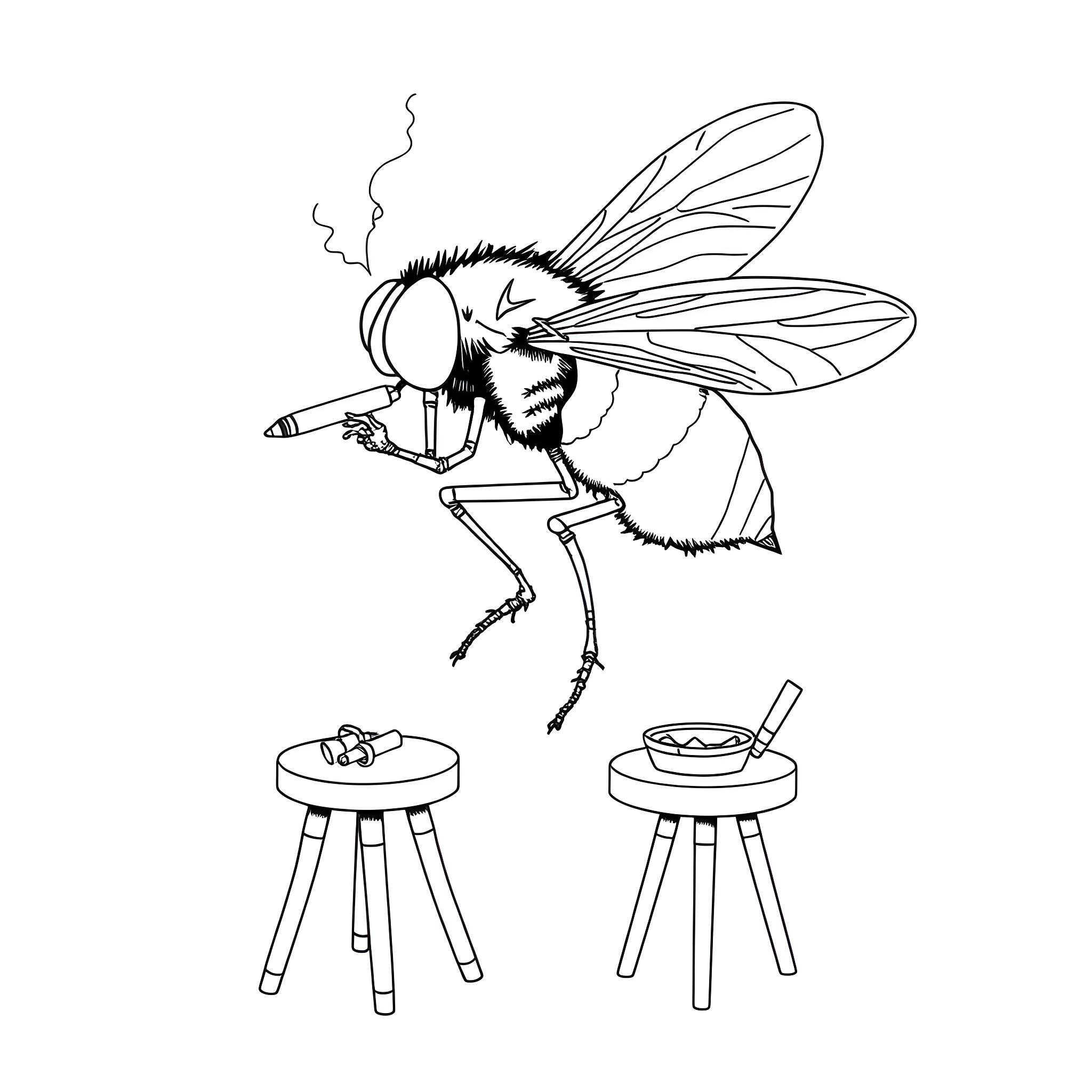 Fly buzzing near table and chair Coloring Page (free black-and-white line drawing printable PDF for all, from beginners to advanced learners, including children, teens, adults, and seniors)