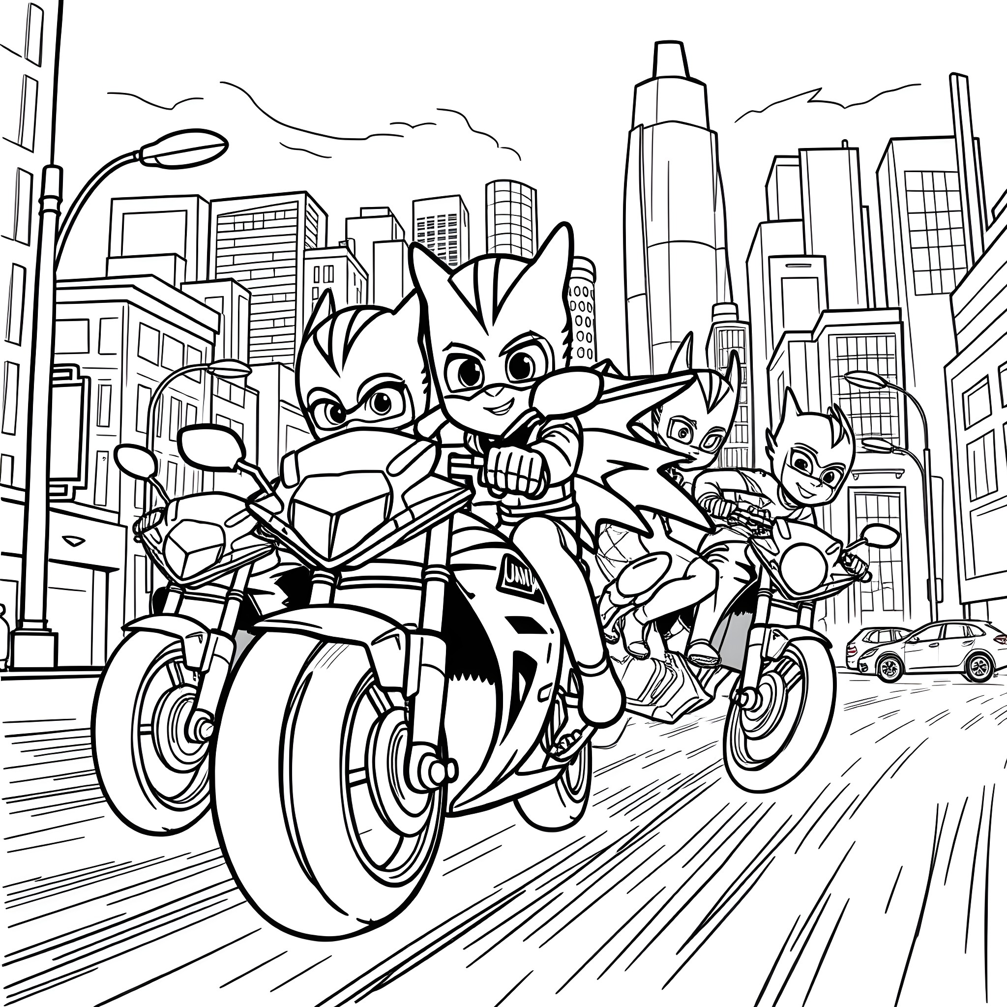 Pj Masks team riding motorcycles through the city Coloring Page (free black-and-white line drawing printable PDF for all, from beginners to advanced learners, including children, teens, adults, and seniors)